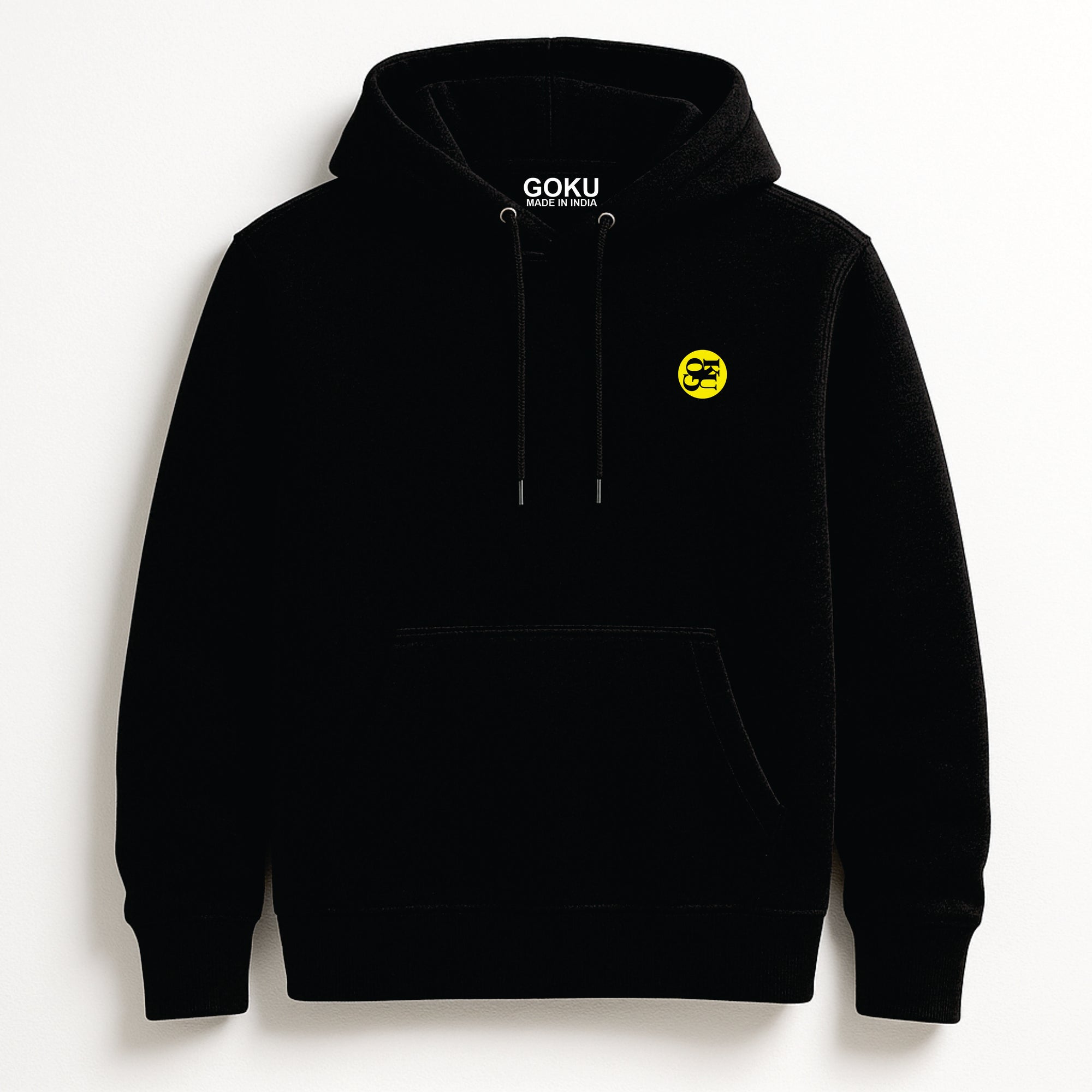Black hoodie with yellow logo on a white background