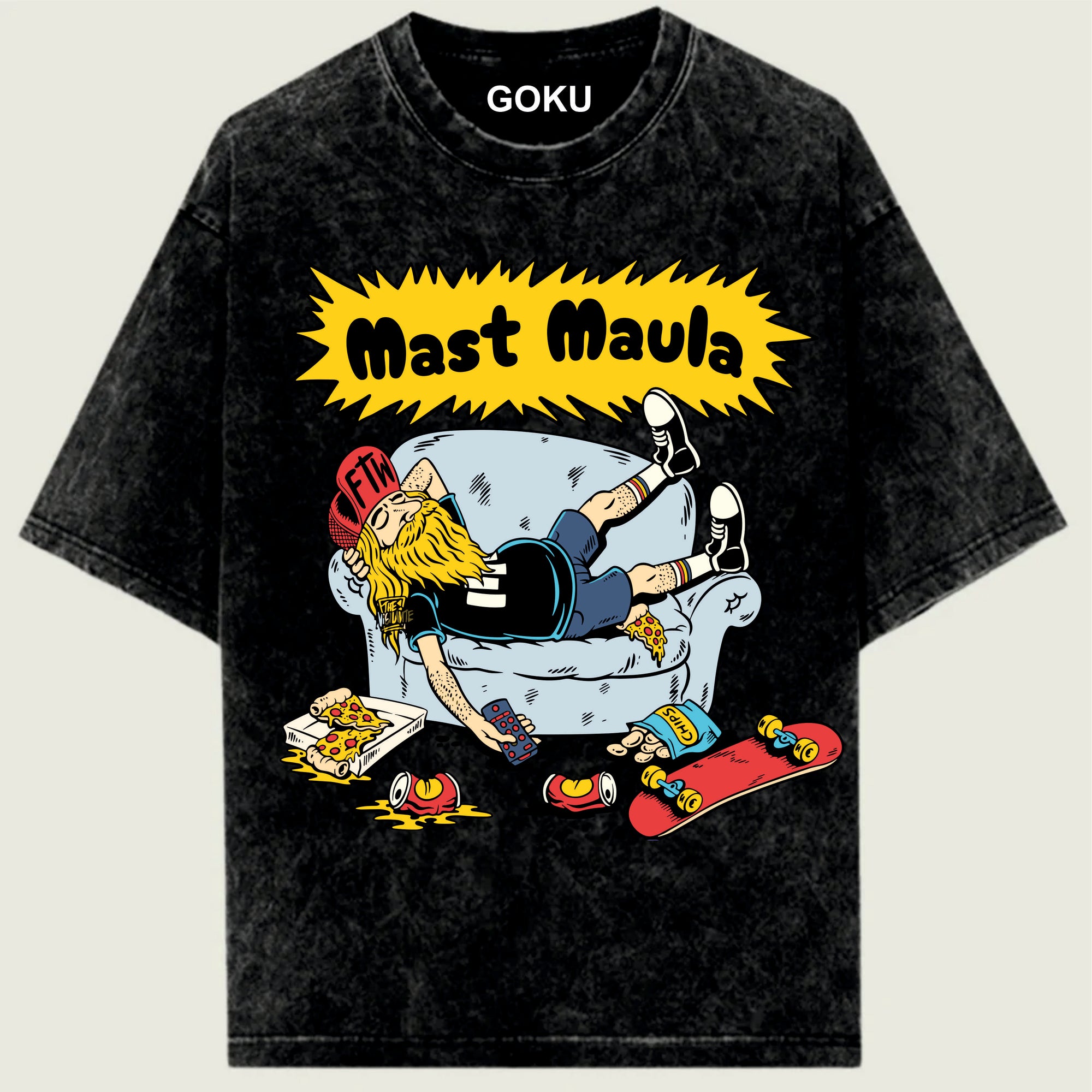 Black t-shirt with a graphic of a character lounging on a chair, eating pizza, and a skateboard, with 'Mast Maula' text and 'GOKU' branding.
