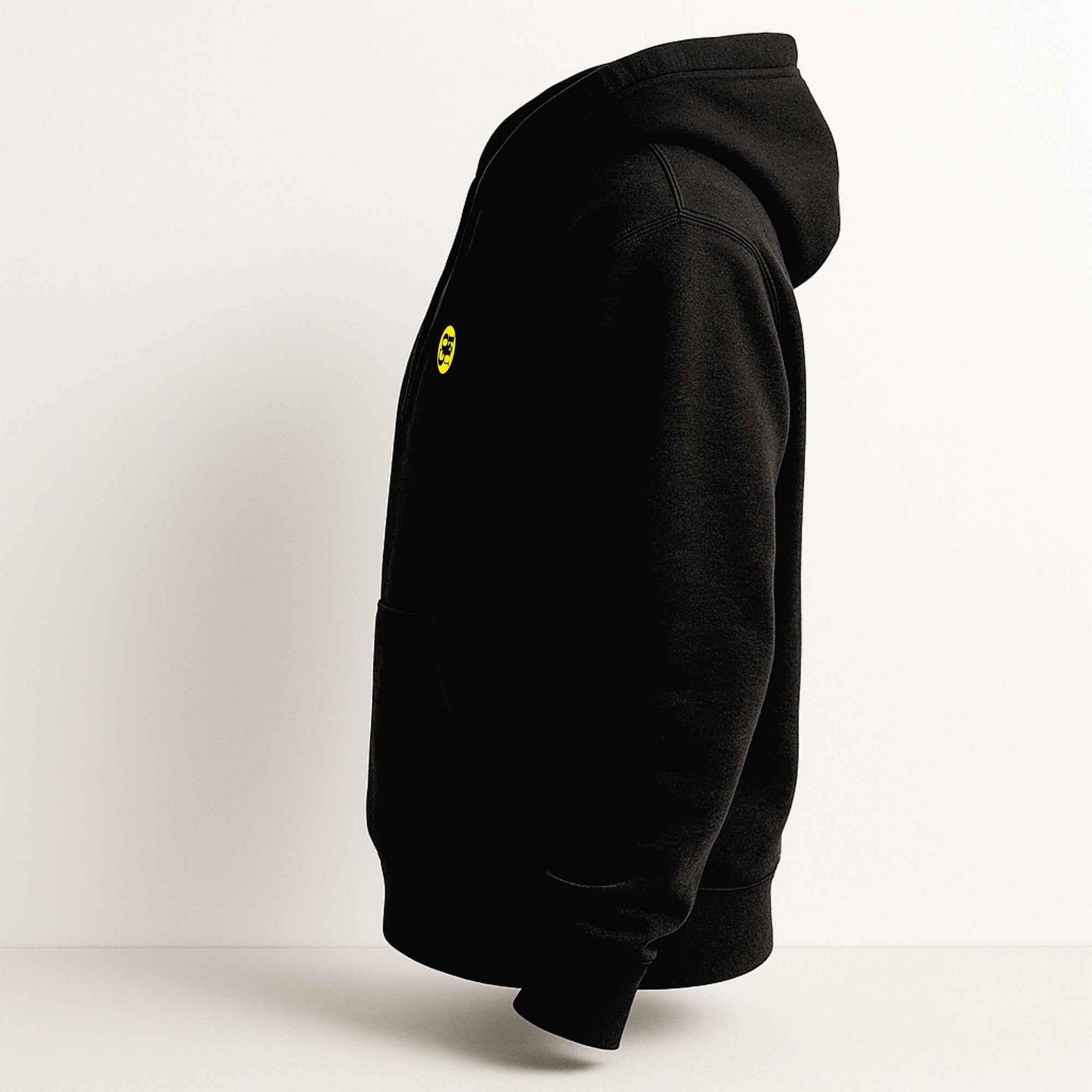 Black hoodie with a yellow logo on the chest against a white background