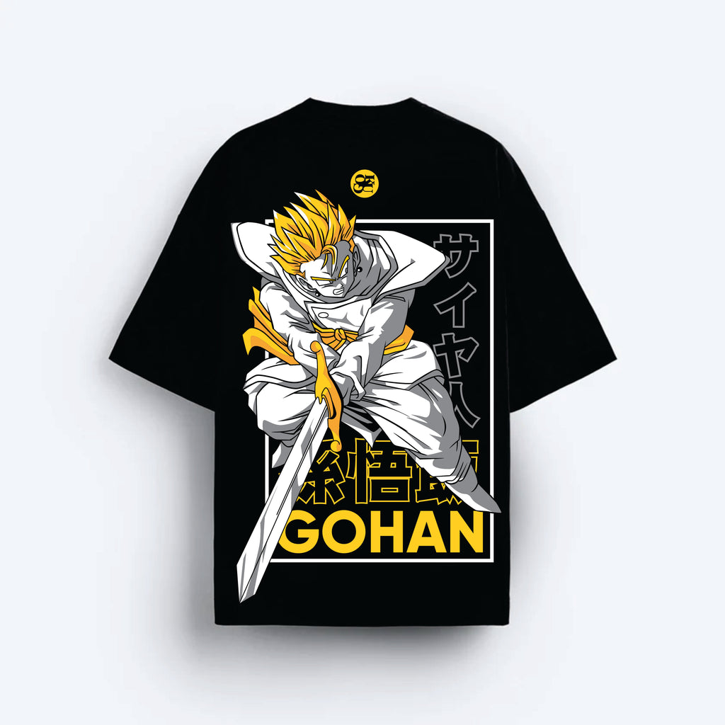 Black t-shirt with a graphic of a character holding a sword and 'Gohan' text on a white background