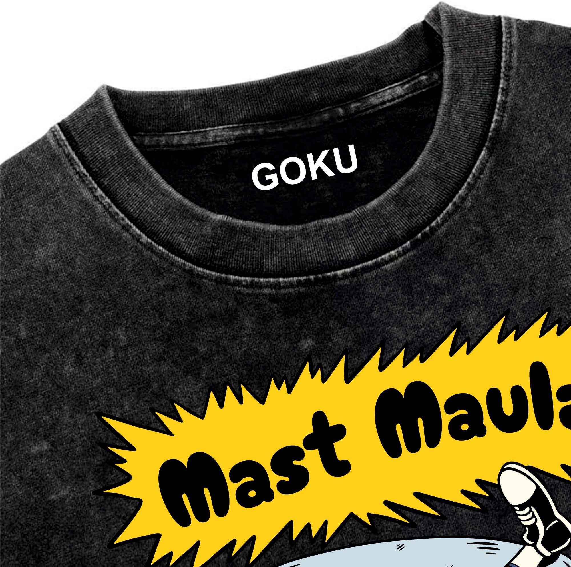Black t-shirt with yellow graphic and 'GOKU' text on a white background