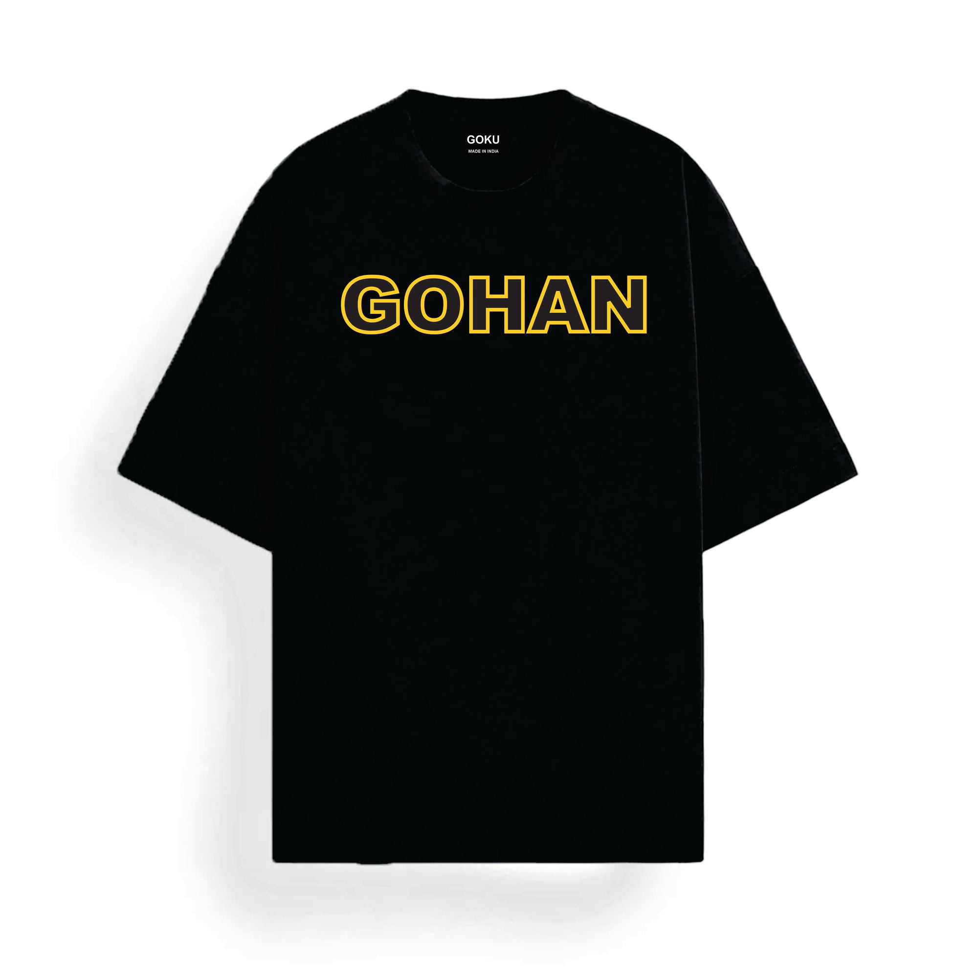 Black t-shirt with 'GOHAN' printed in yellow on a white background