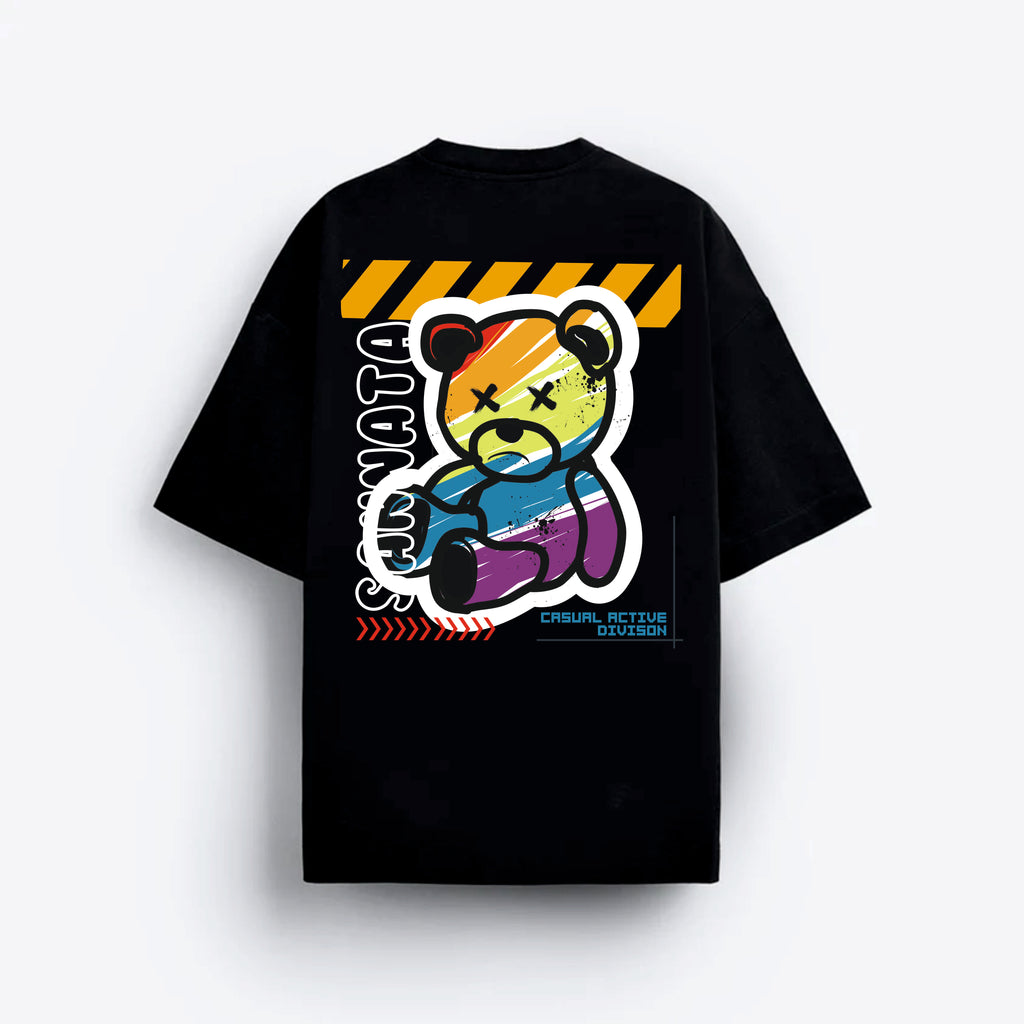 Black t-shirt with colorful graphic design on a white background