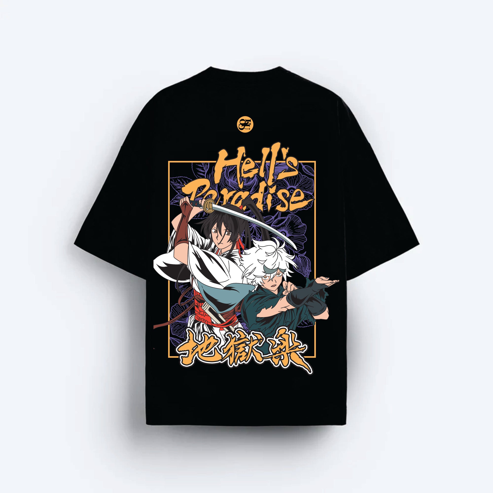 Black t-shirt with anime-themed design and text on a white background