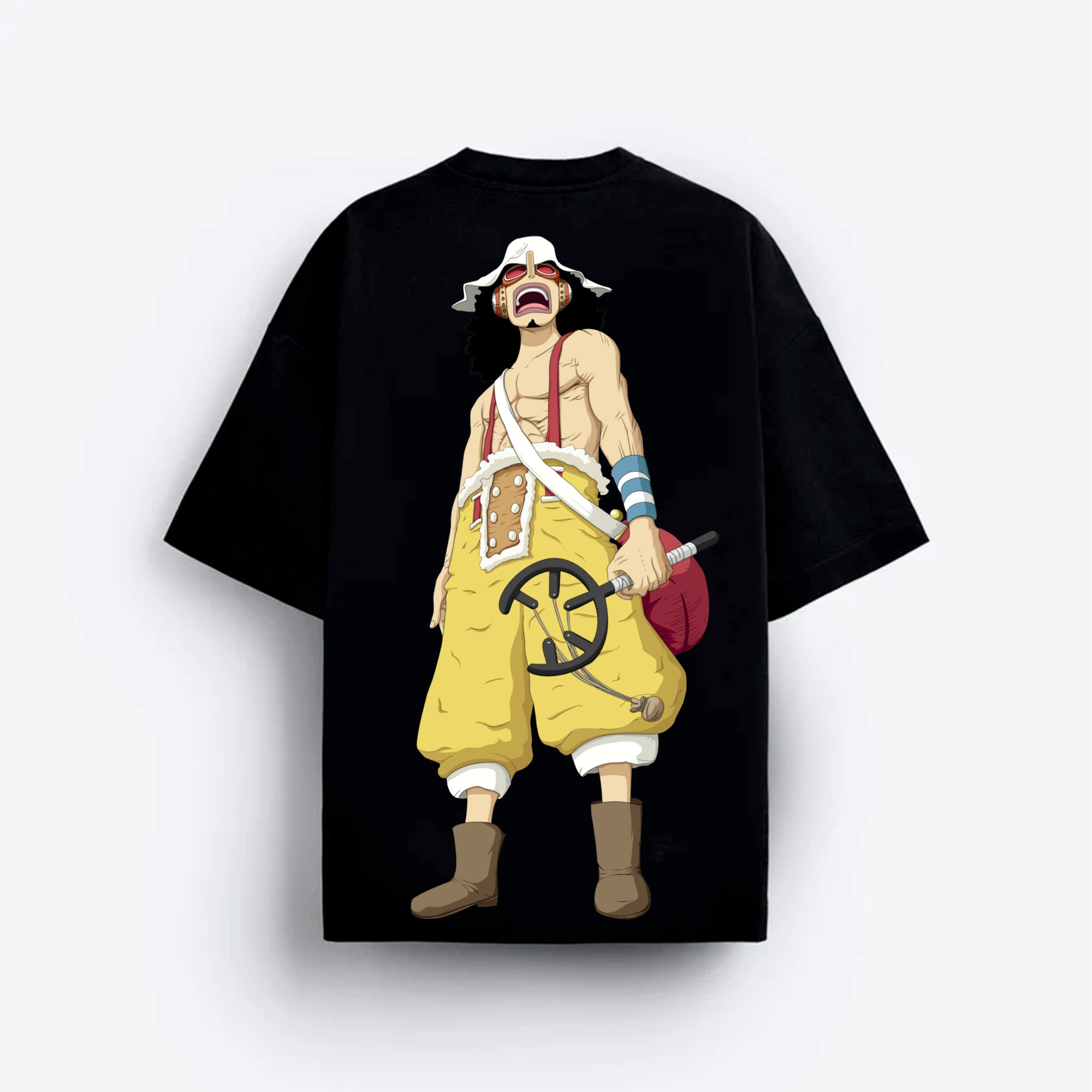 Black t-shirt with an anime character design on a white background