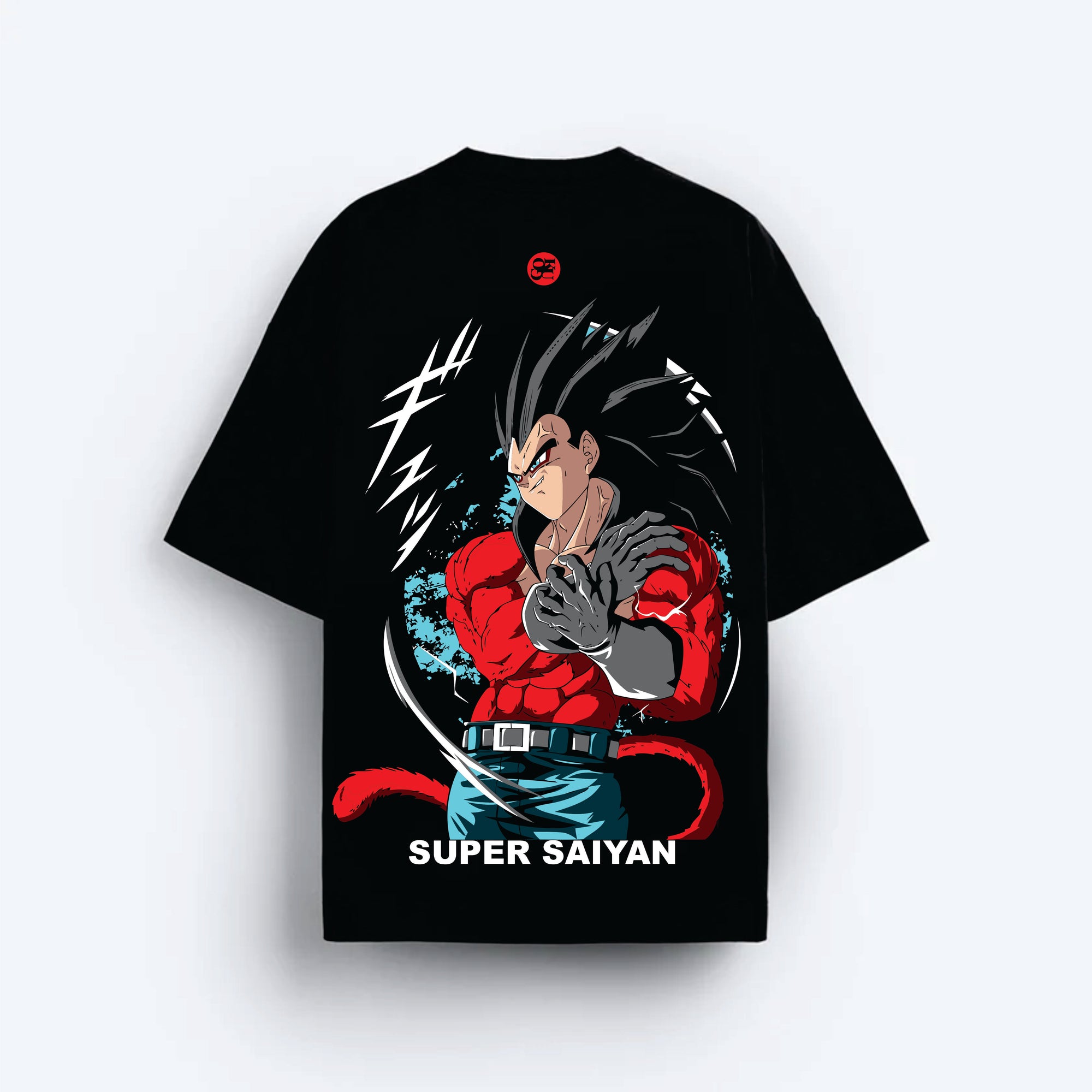 Black t-shirt with Super Saiyan character design on a white background