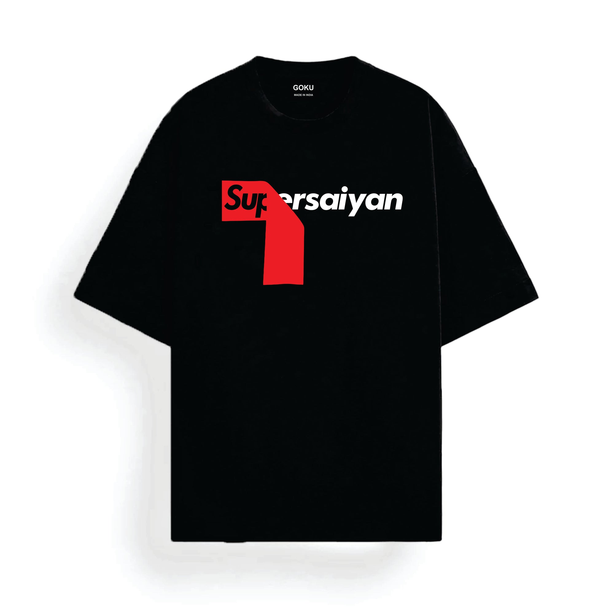 Black t-shirt with 'Supersaiyan' logo on a white background