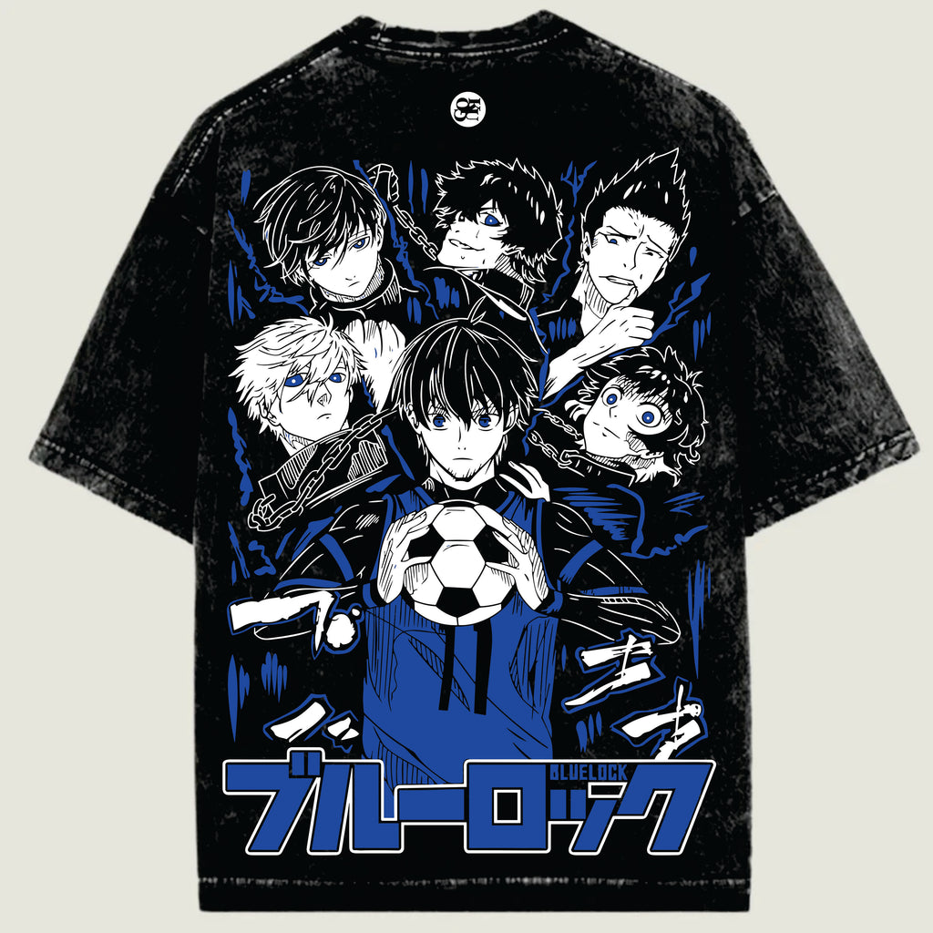 Black t-shirt with anime character design and 'Blue Lock' text on a beige background