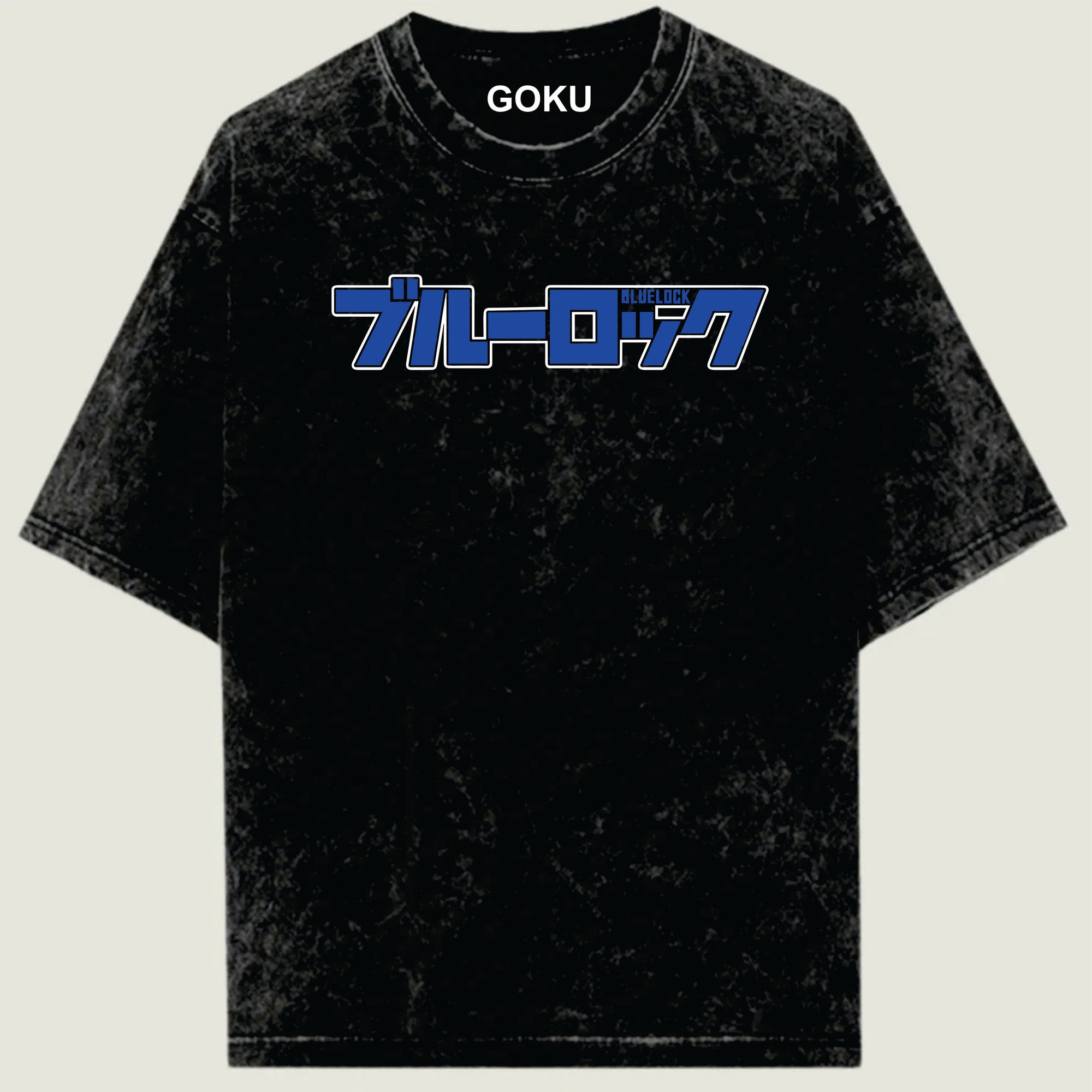 Black t-shirt with blue and white text on a beige background
