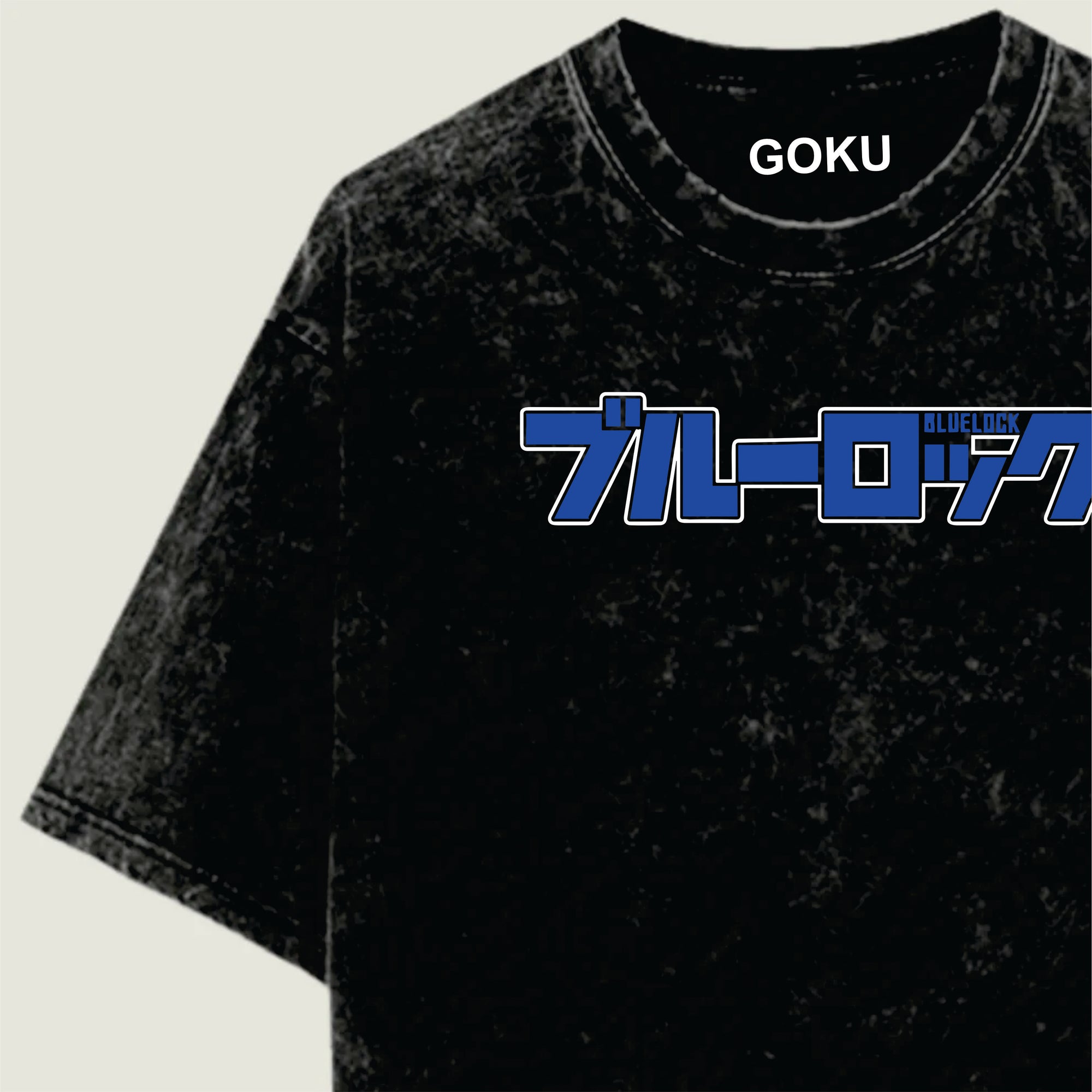 Black t-shirt with blue and white text on a beige background