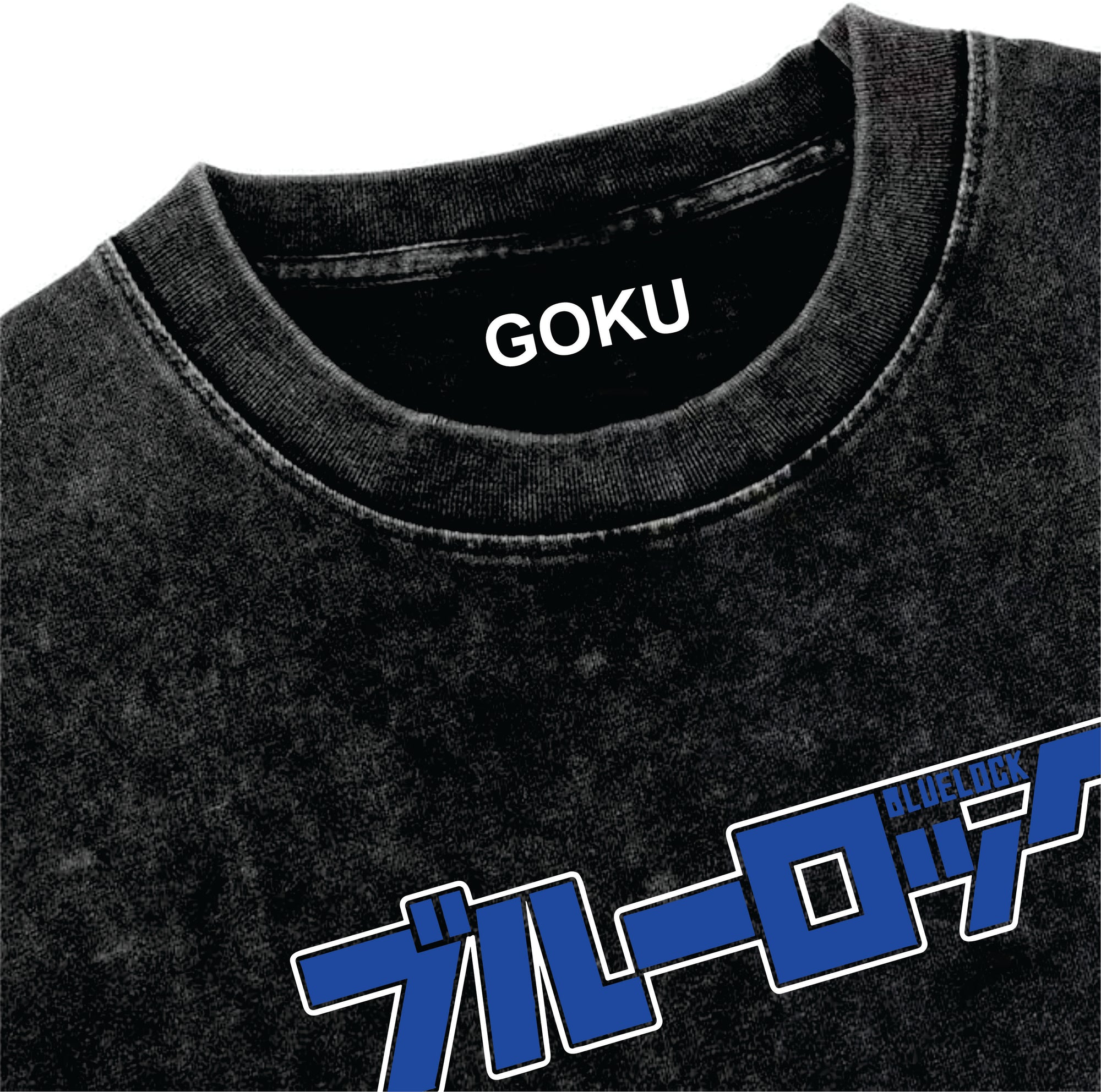 Black t-shirt with 'GOKU' printed on the collar and blue text below.
