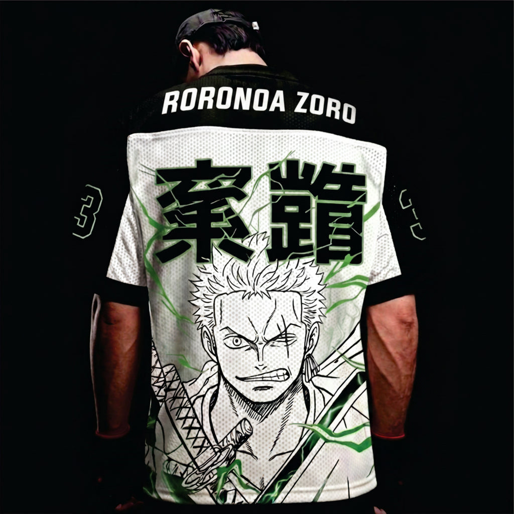 T-shirt with a graphic design of Rorona Zoro from One Piece on a black background