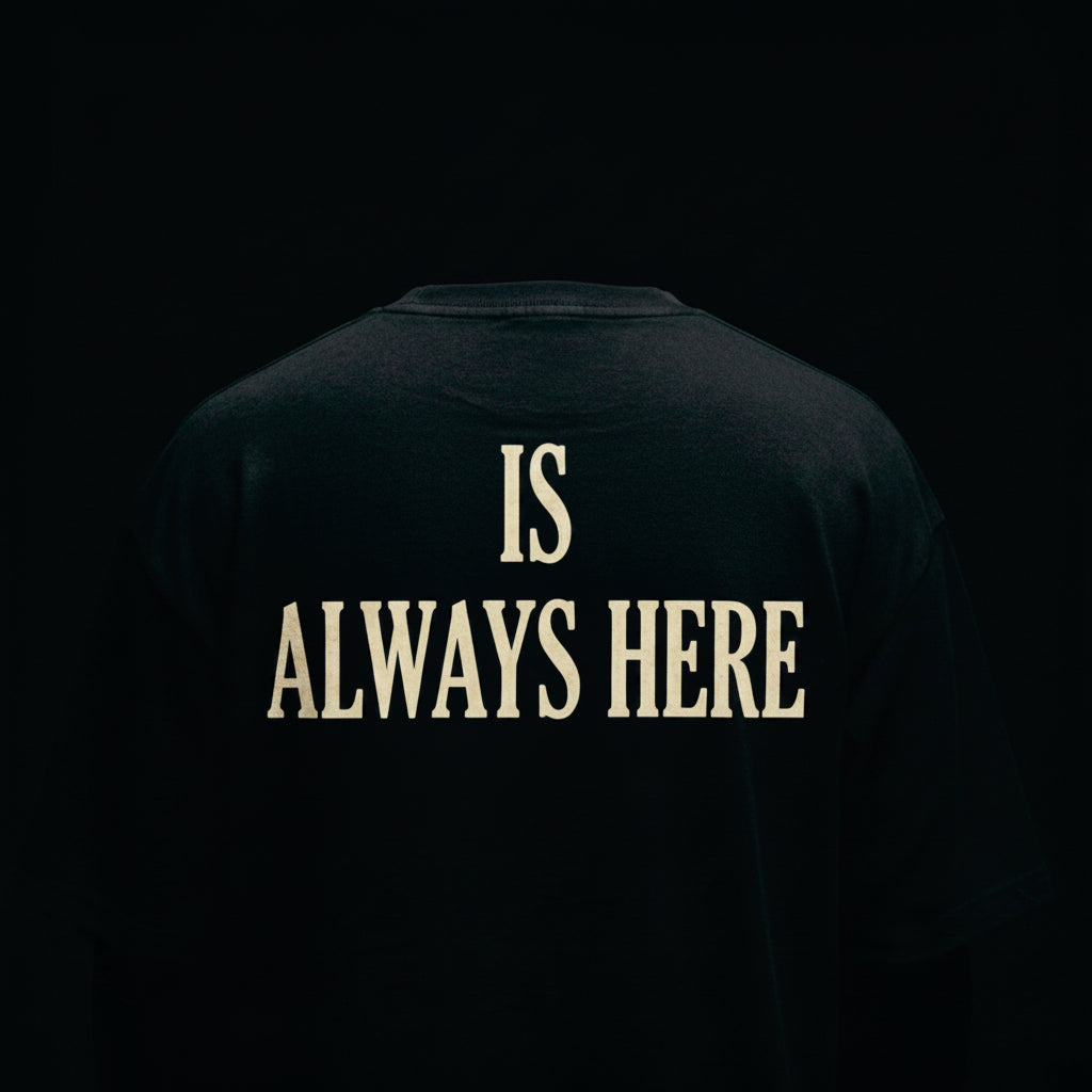 Person wearing a black shirt with 'IS ALWAYS HERE' text on the back against a dark background