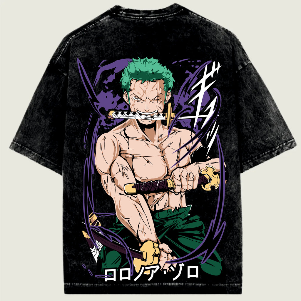 Black t-shirt with a colorful graphic of a character on the back, featuring green hair and a sword.