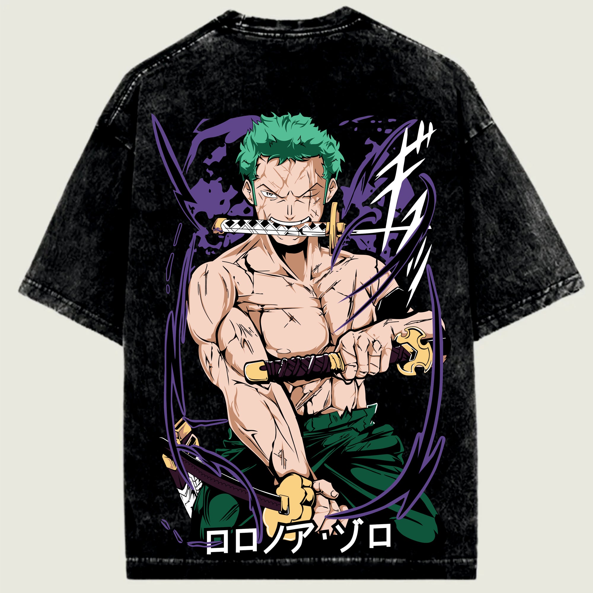 Black t-shirt with a colorful graphic of a character on the back, featuring green hair and a sword.