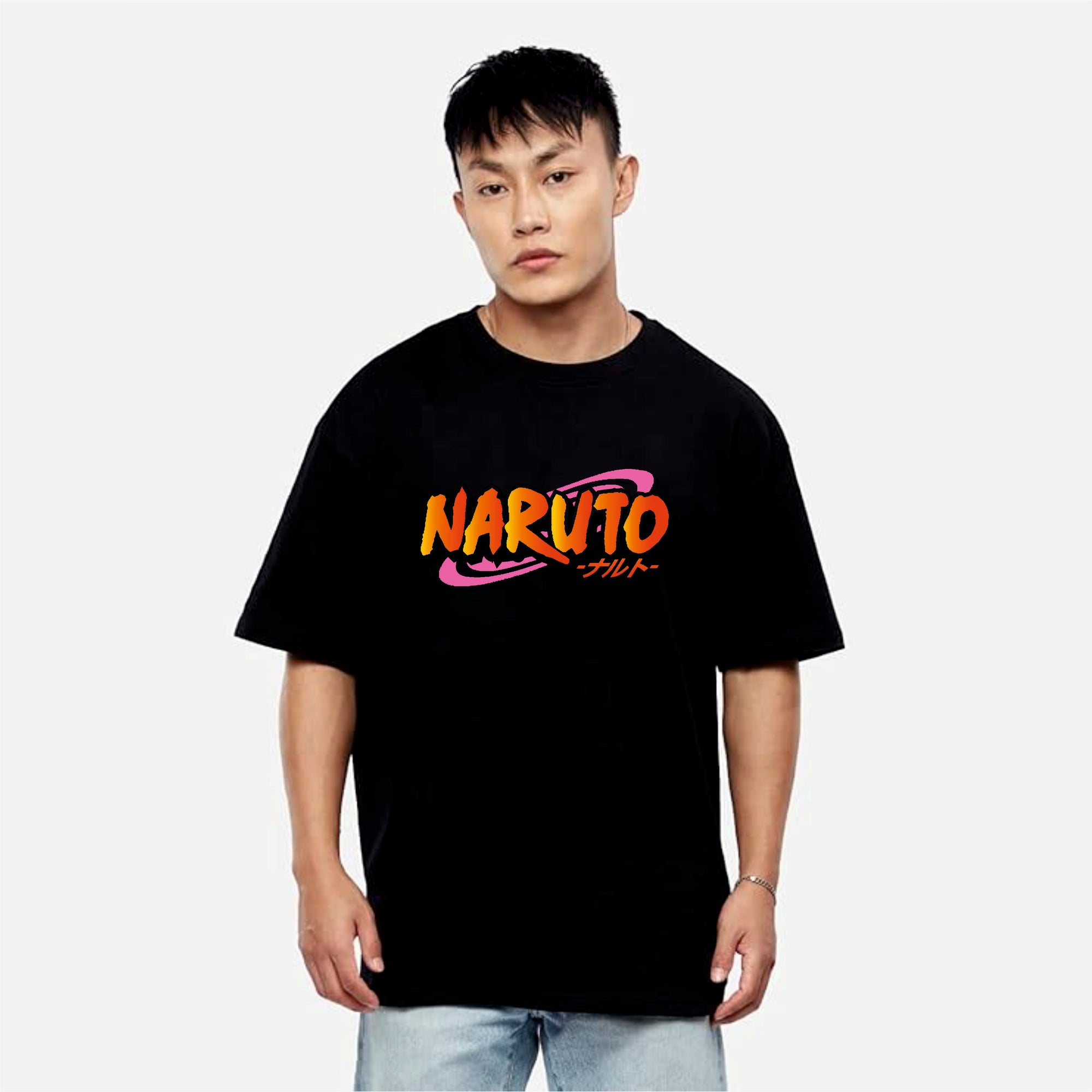 Person wearing a black t-shirt with 'Naruto' logo on a white background