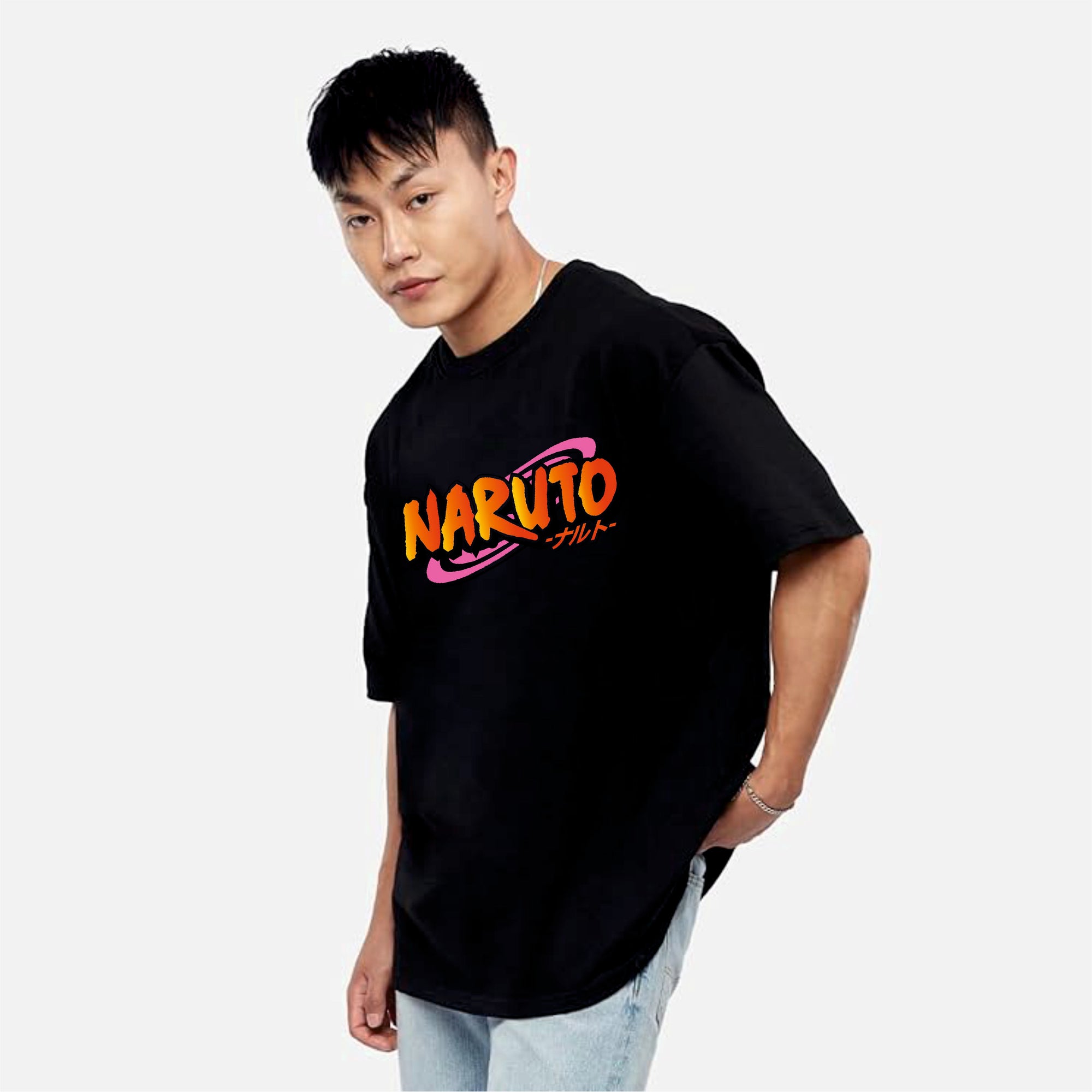 Person wearing a black t-shirt with 'Naruto' logo on a plain background