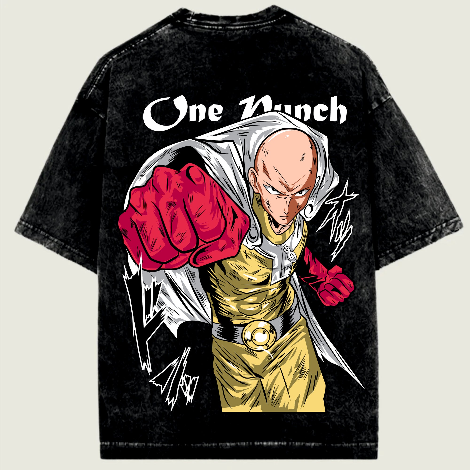 Black t-shirt with a graphic of a character from 'One Punch' on the back