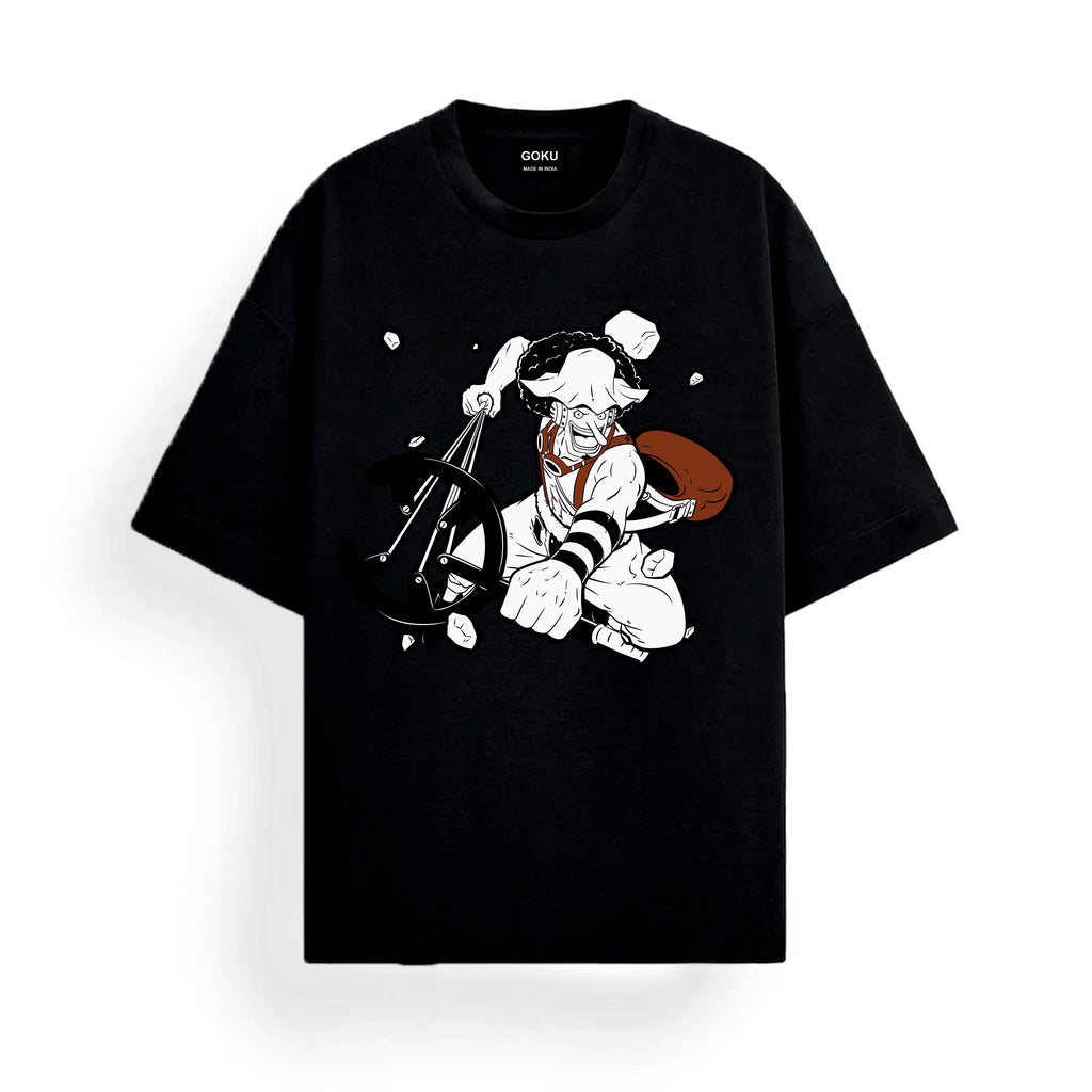 Black t-shirt with a graphic design of a character on a white background