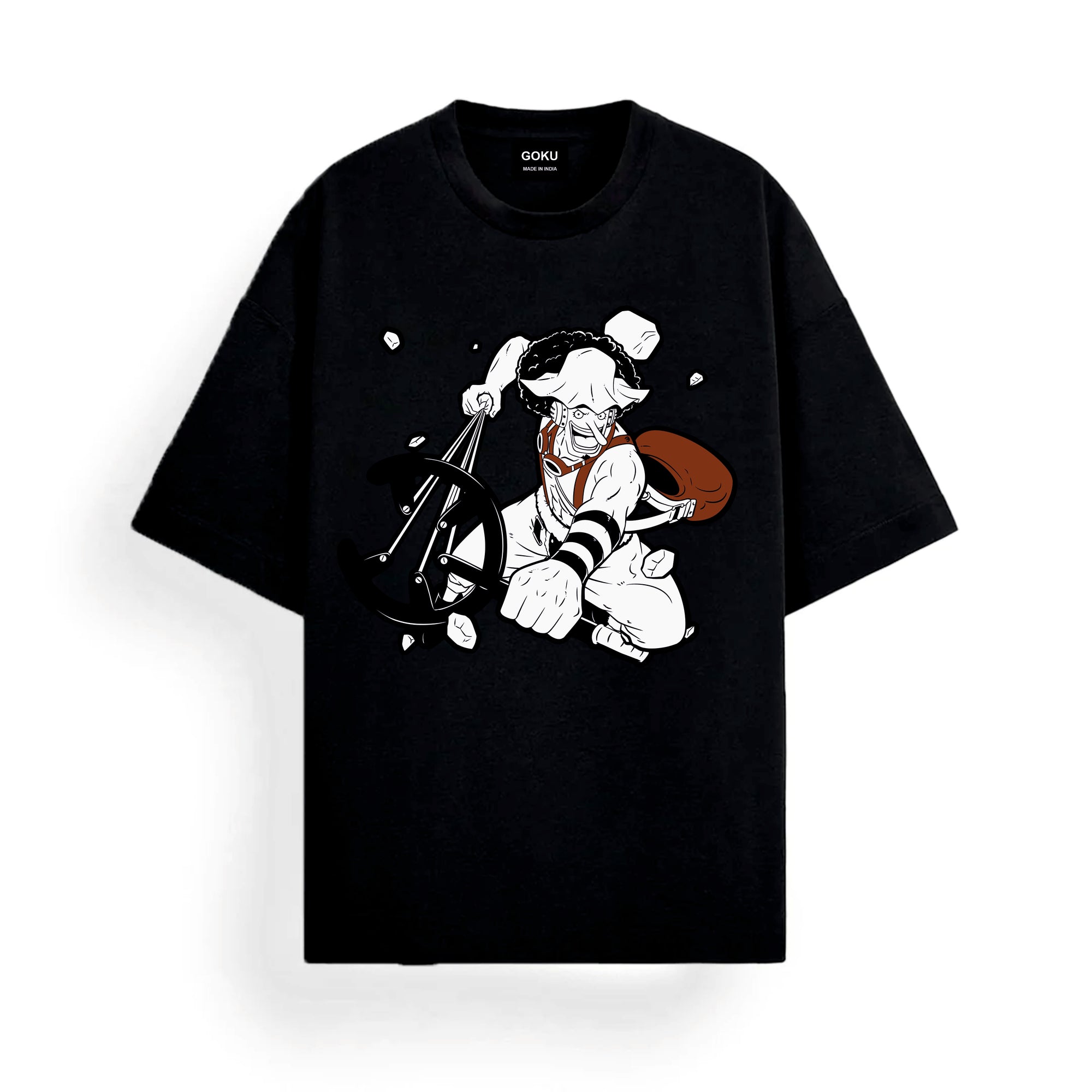 Black t-shirt with a graphic design of a character on a white background