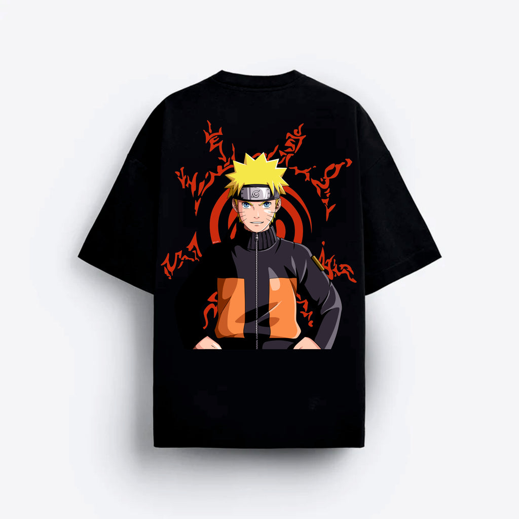 Black t-shirt with a character design on a white background