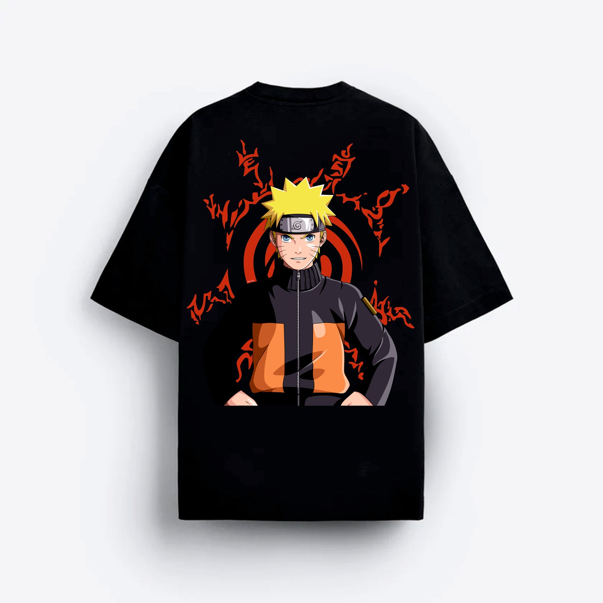 Black t-shirt with a character design on a white background
