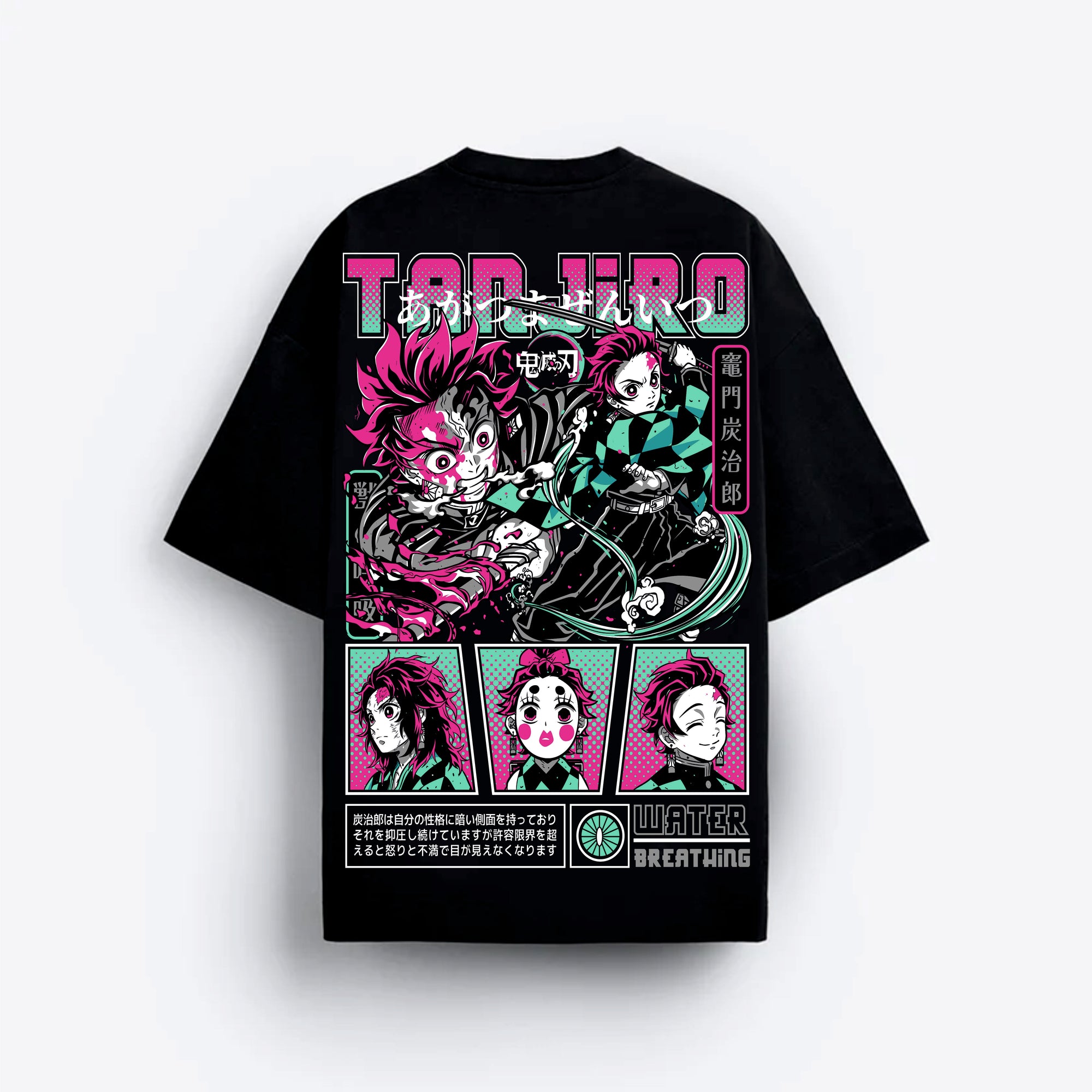 Black t-shirt with colorful graphic design featuring characters