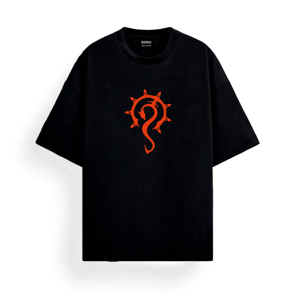 Black t-shirt with a red symbol on a white background