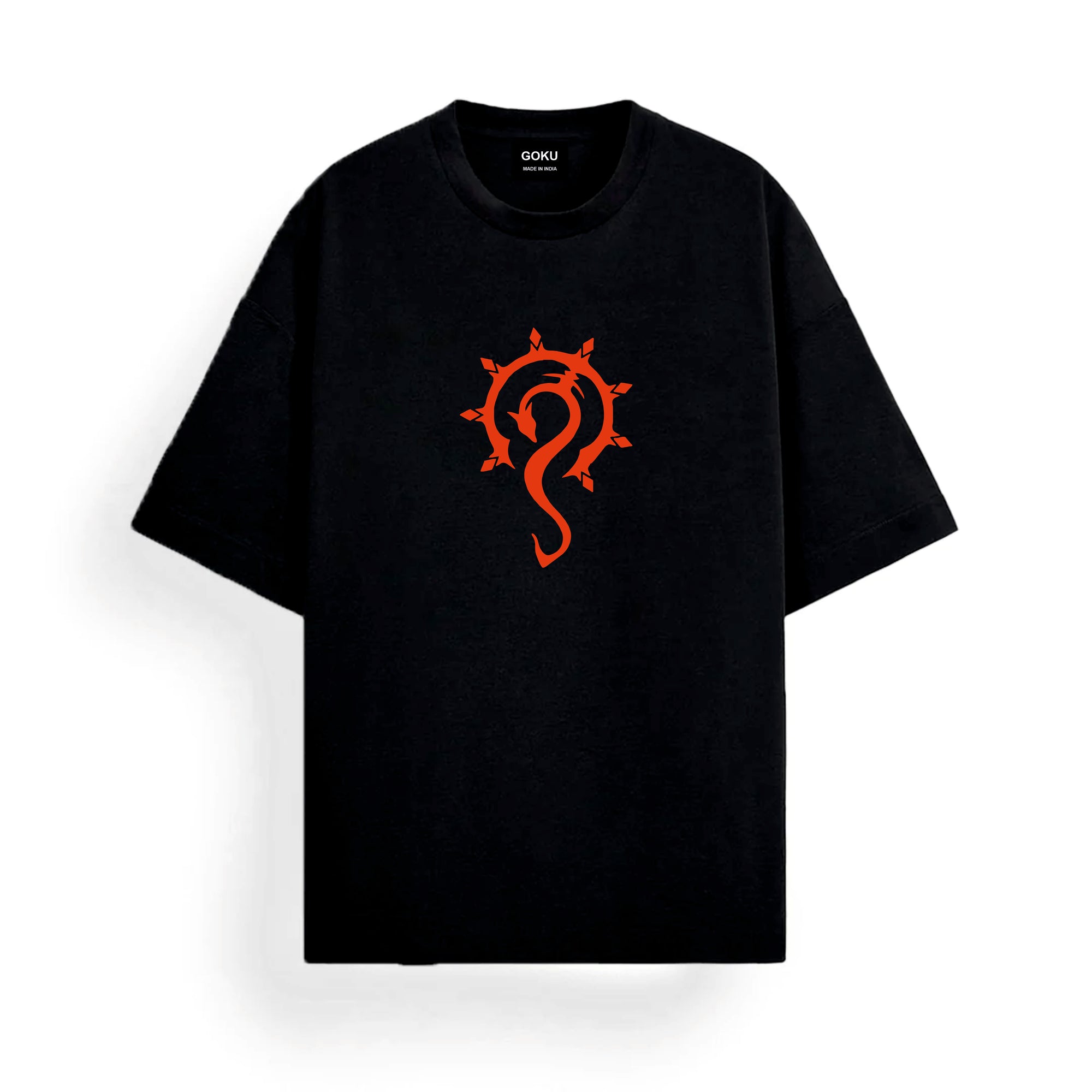 Black t-shirt with a red symbol on a white background