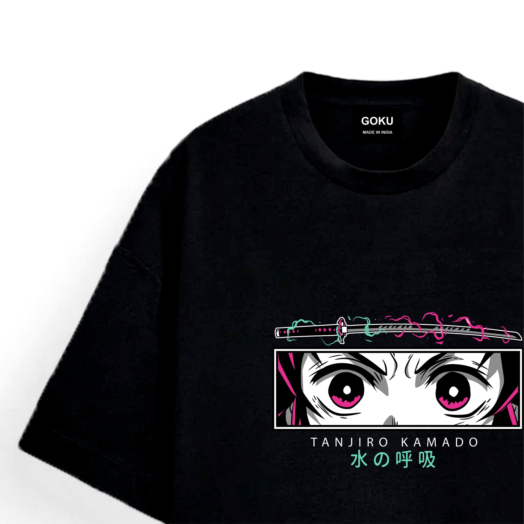 Black t-shirt with anime character design and text on a white background