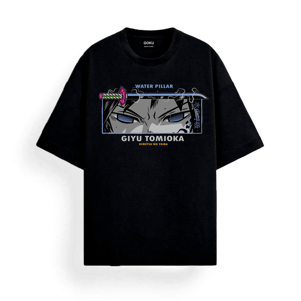 Black t-shirt with character graphic and text