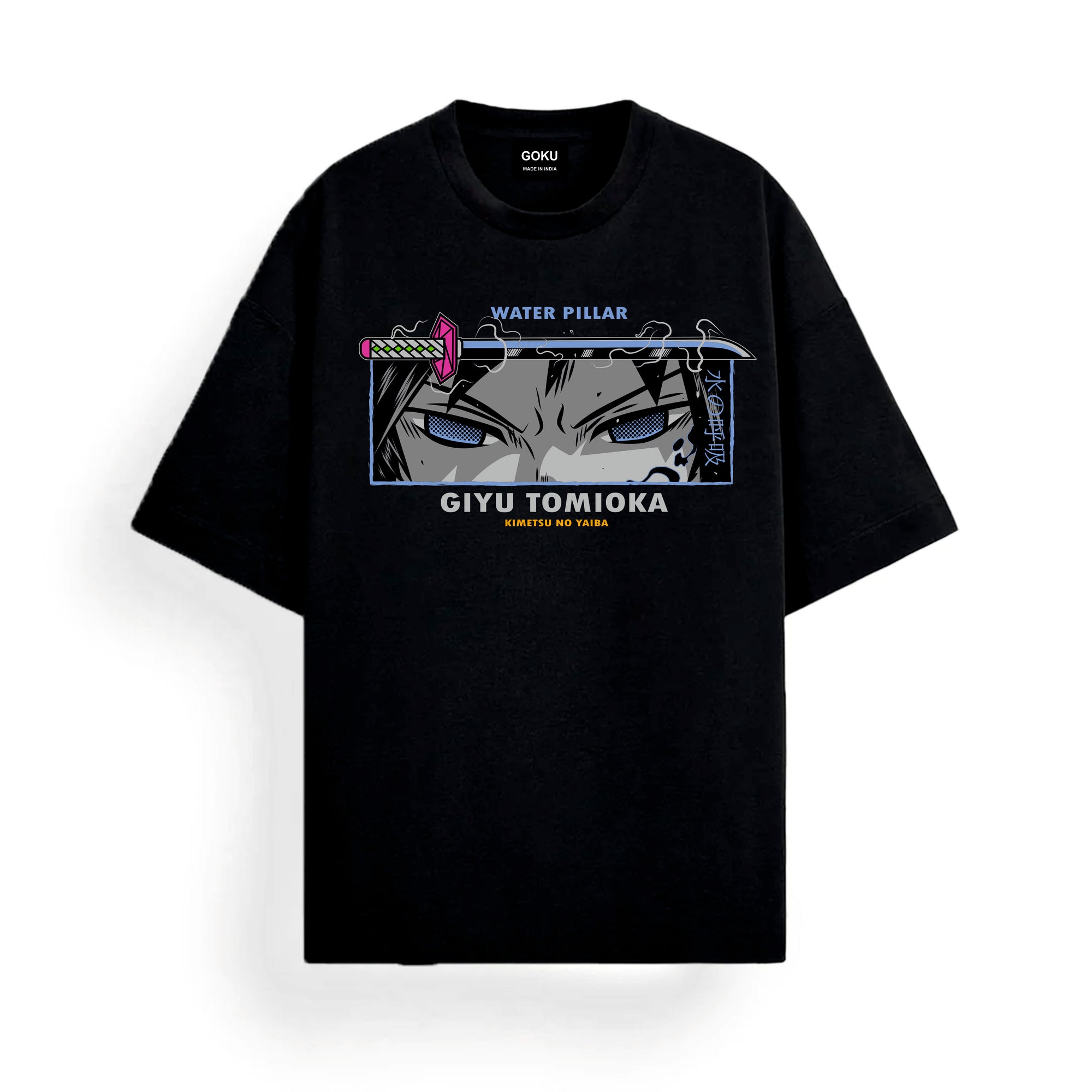 Black t-shirt with character graphic and text