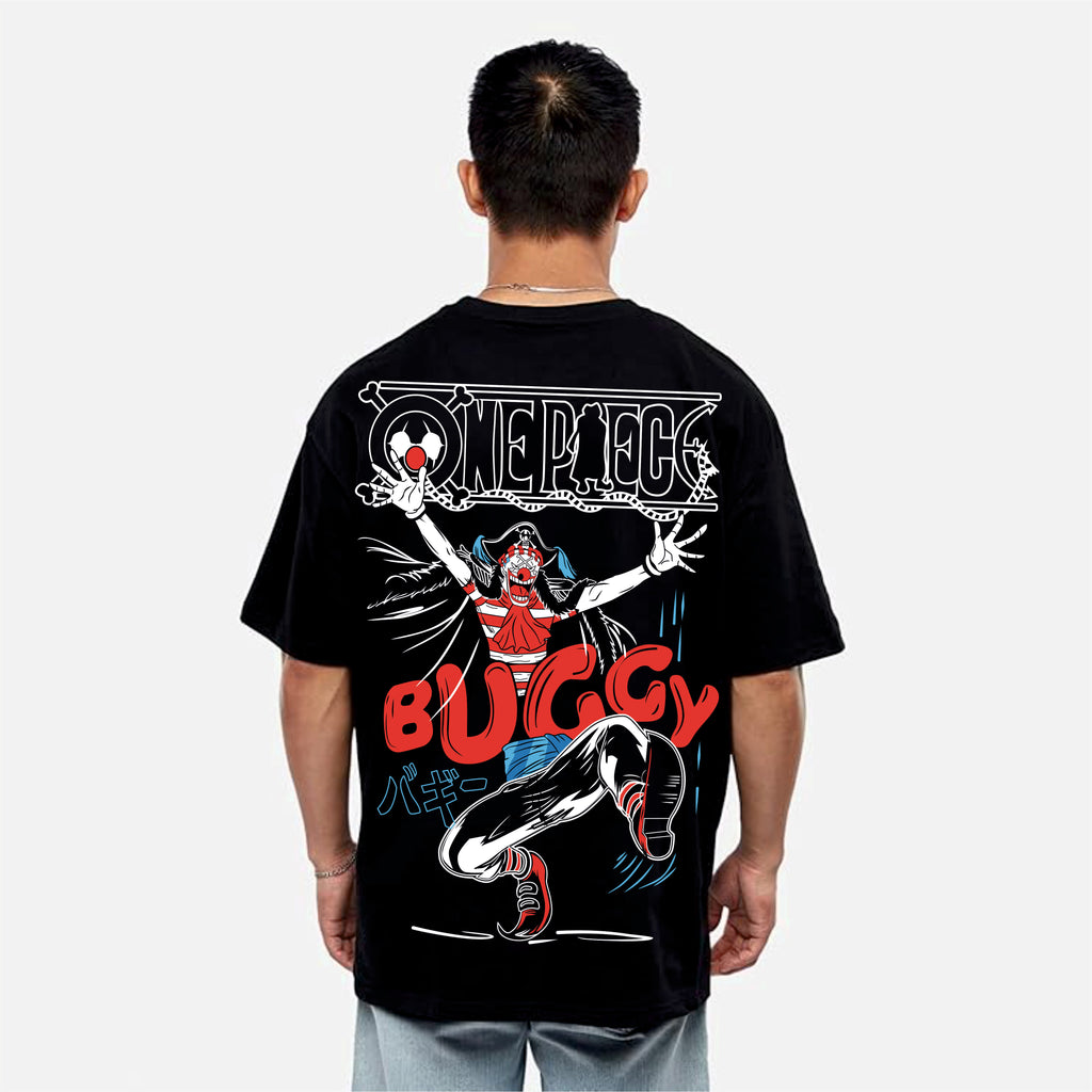 Person wearing a black t-shirt with a colorful design on the back, featuring a character and text.