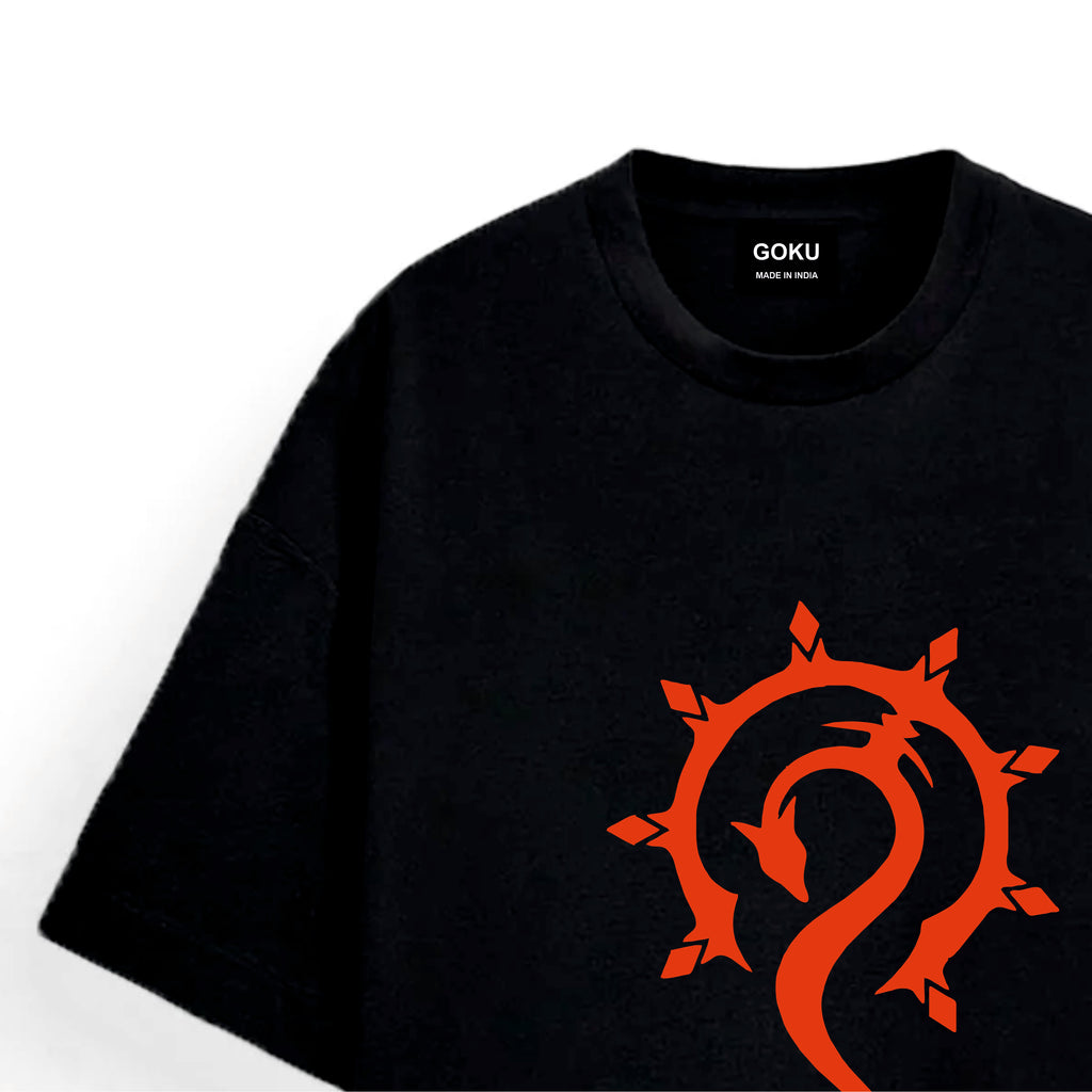 Black t-shirt with a red dragon logo on a white background
