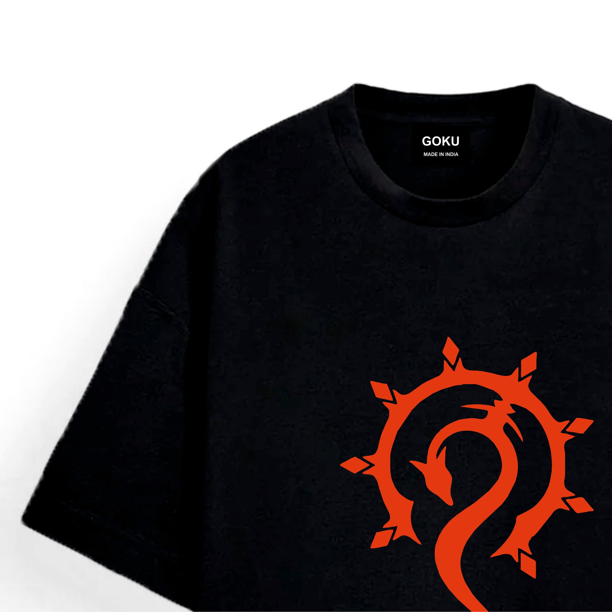 Black t-shirt with a red dragon logo on a white background