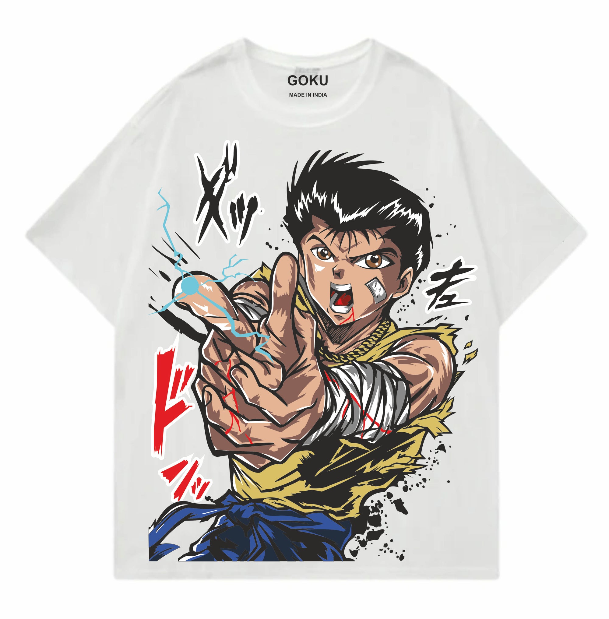 White t-shirt with an anime character design on a white background
