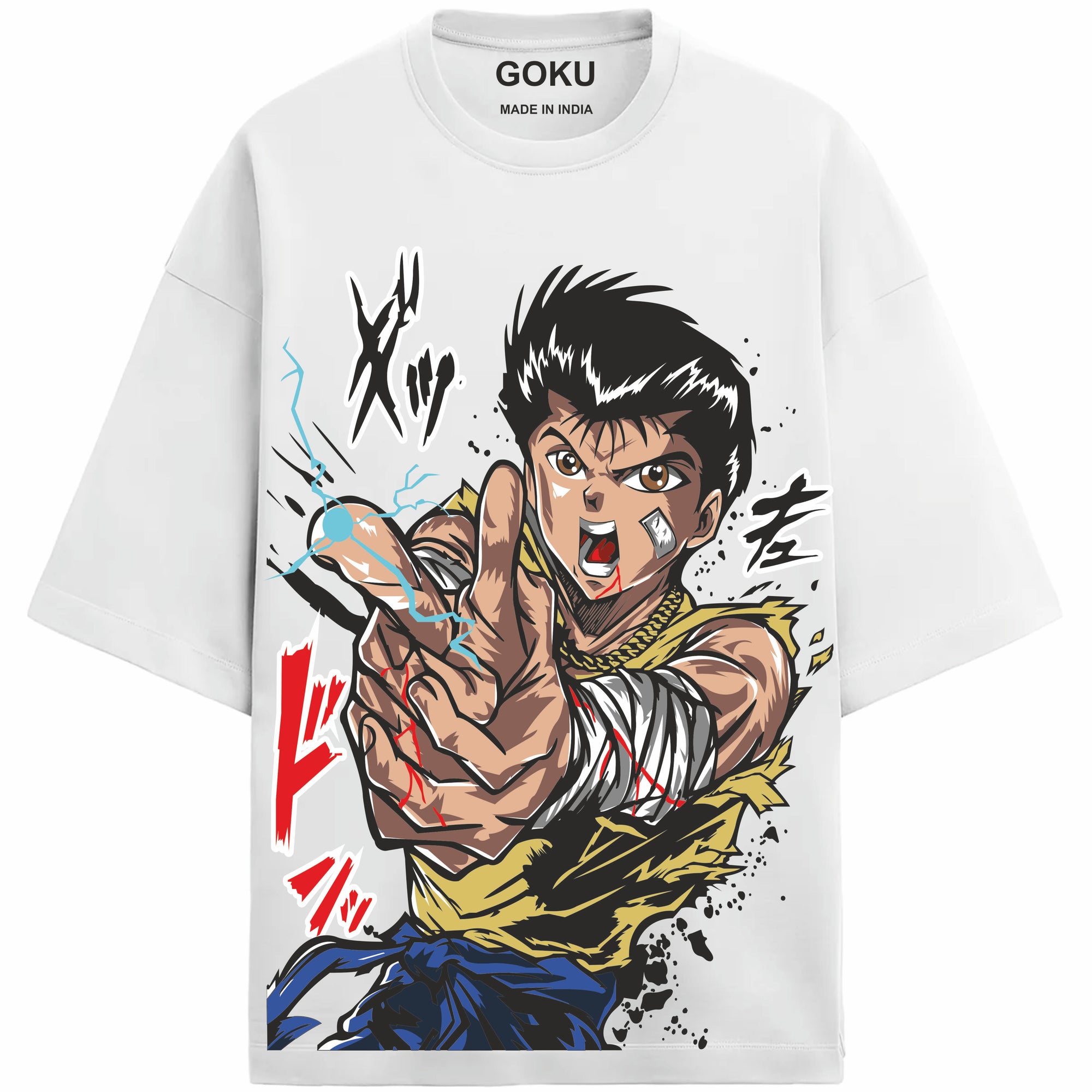 White t-shirt with a graphic design of a character pointing forward, labeled 'Goku'.