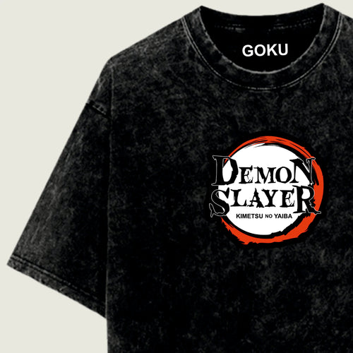 Black t-shirt with 'Demon Slayer' logo and 'Goku' text on a beige background