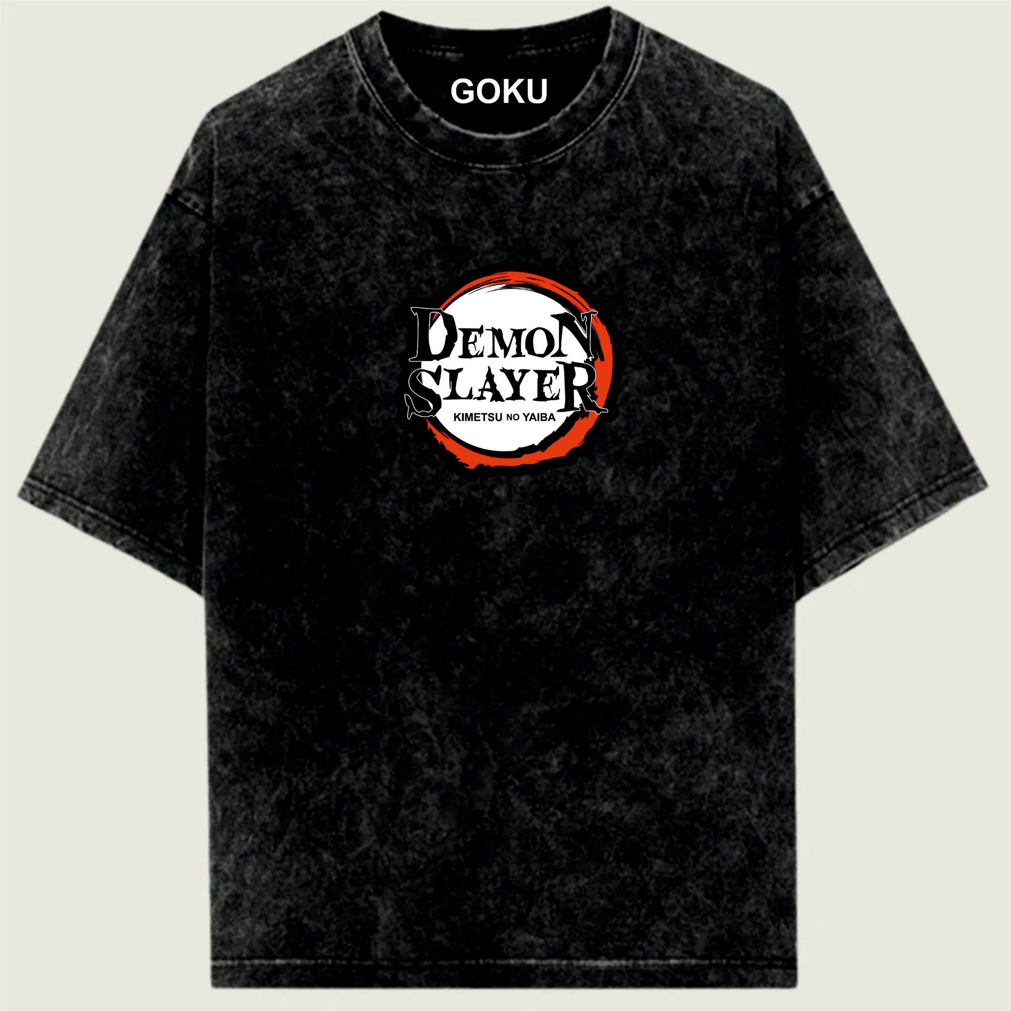 Black t-shirt with 'Demon Slayer' logo and 'Goku' text on a light gray background