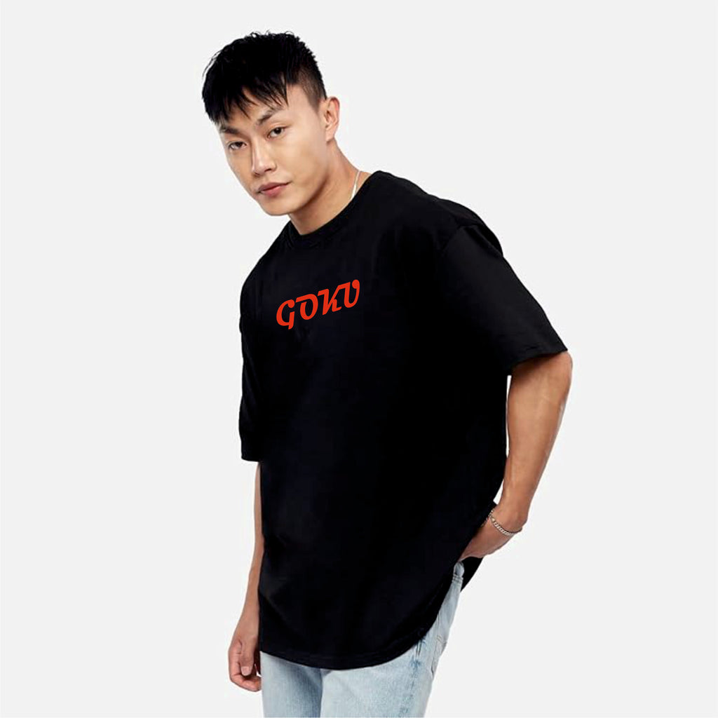 Person wearing a black t-shirt with red text