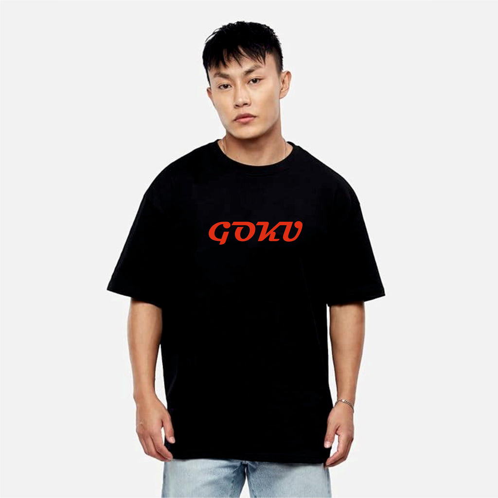Person wearing a black t-shirt with red text