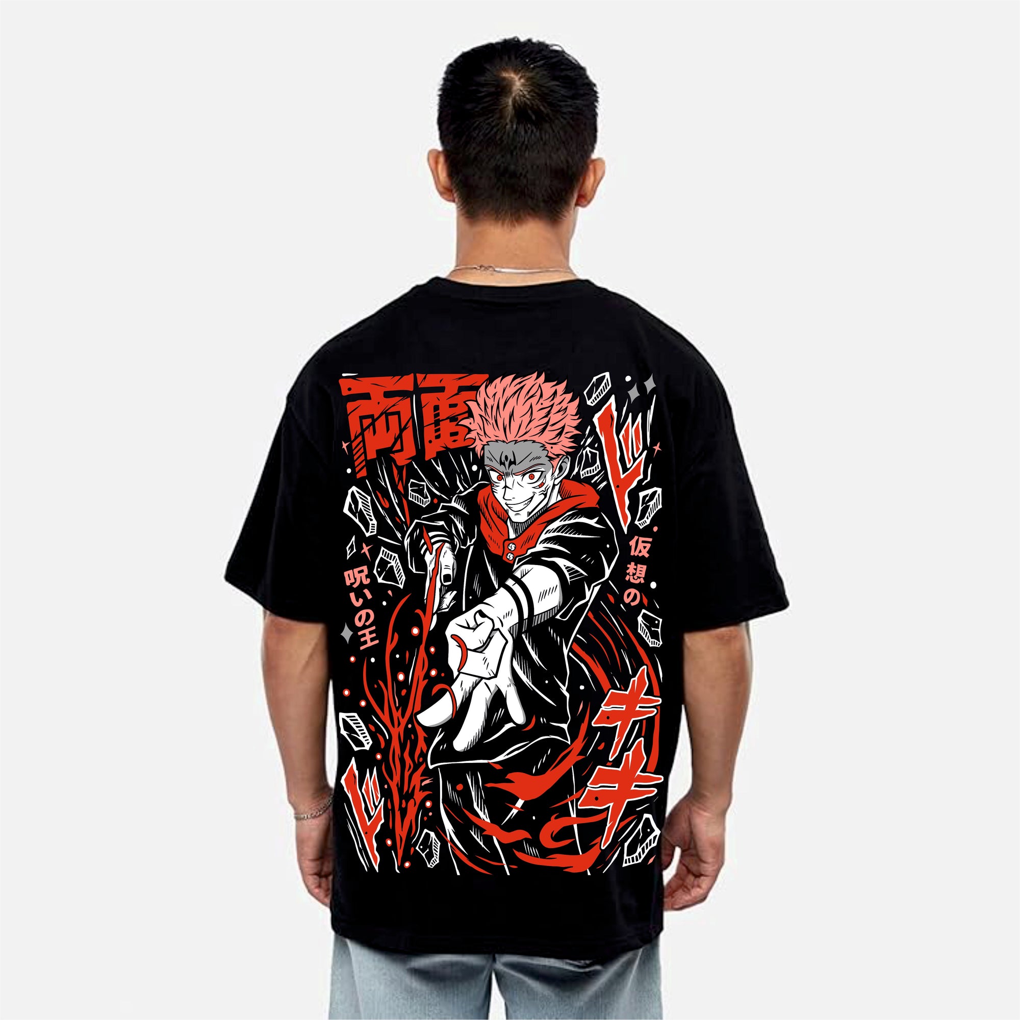 Person wearing a black t-shirt with a colorful graphic design on the back