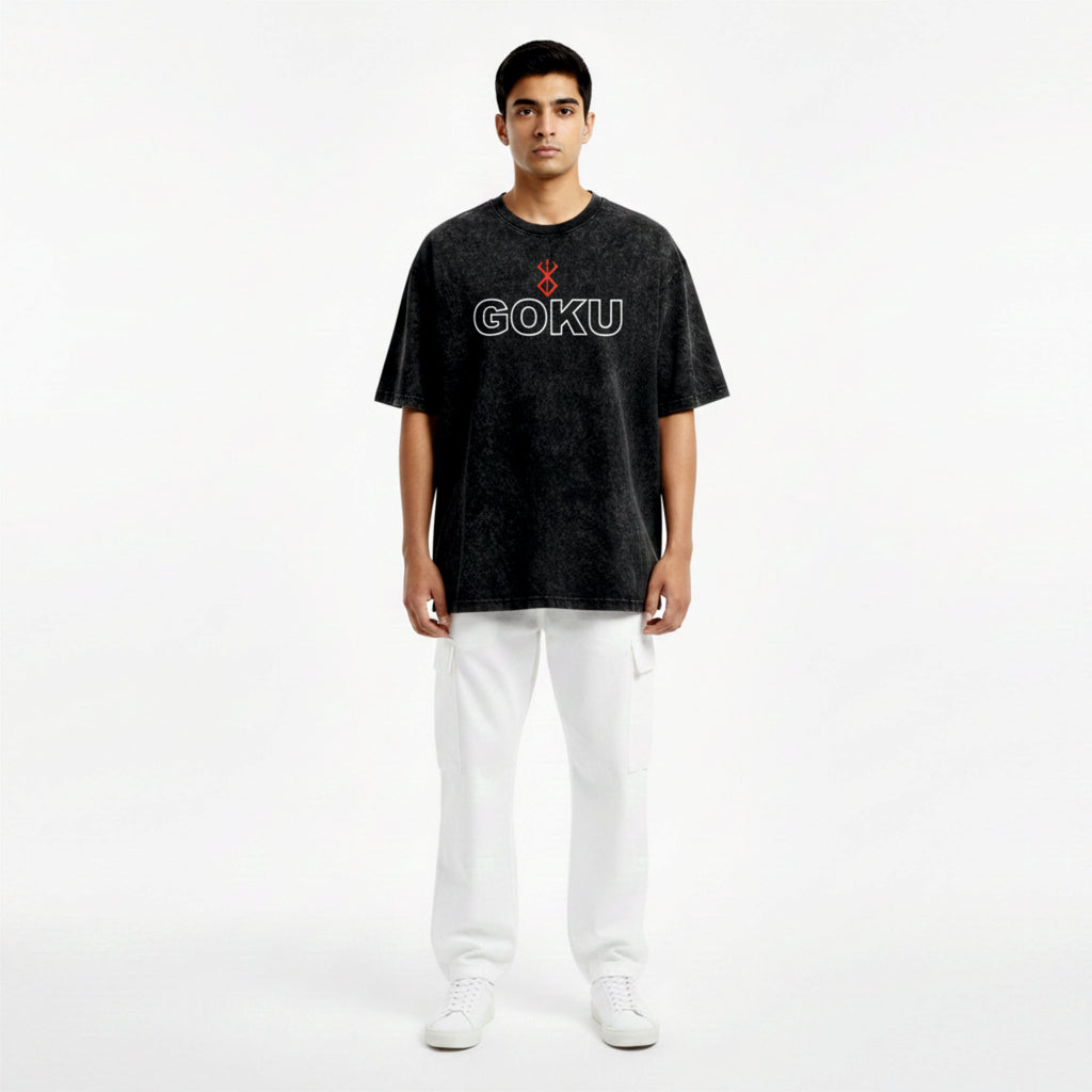 Person wearing a black t-shirt with 'GOKU' printed on it against a white background