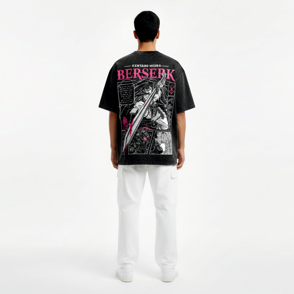 Person wearing a black 'Berserk' t-shirt with graphic design on the back, standing against a white background.