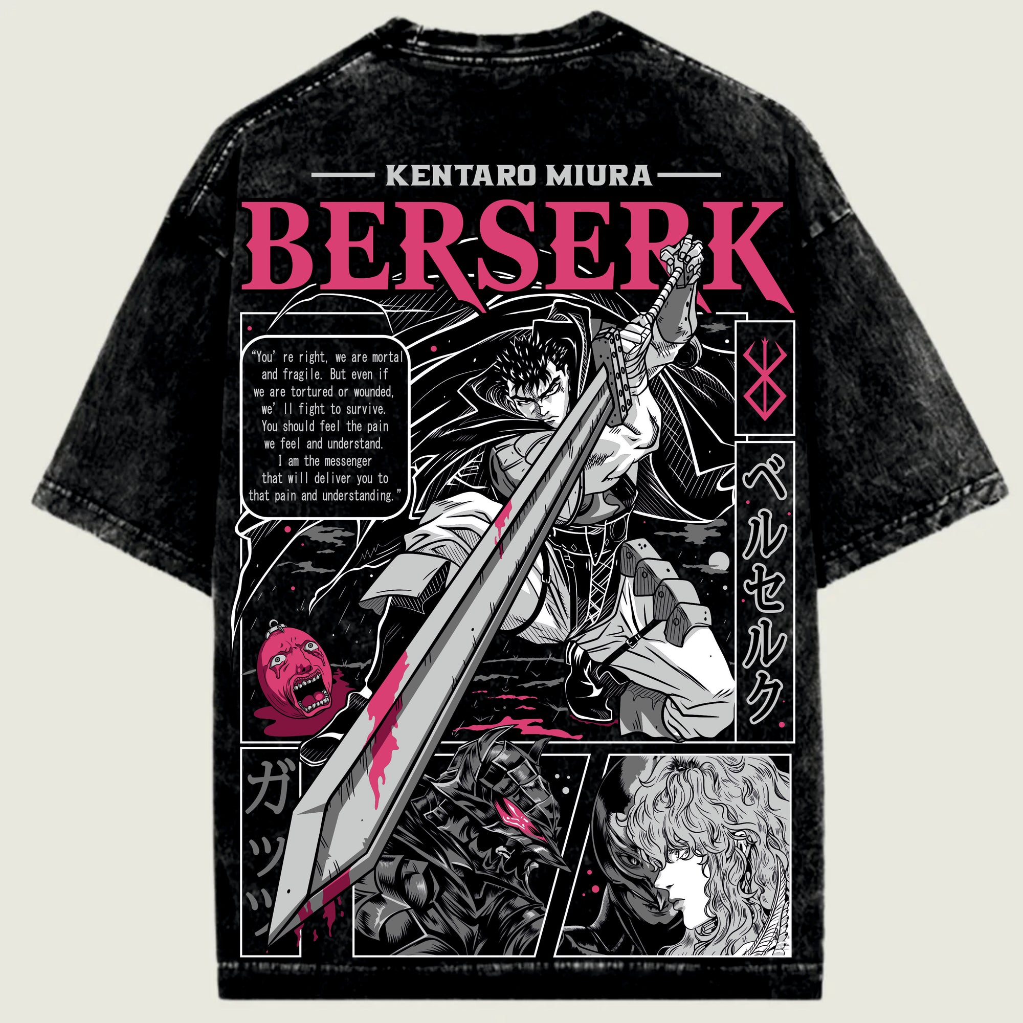T-shirt with 'Berserk' graphic design featuring a character with a sword on a light.
