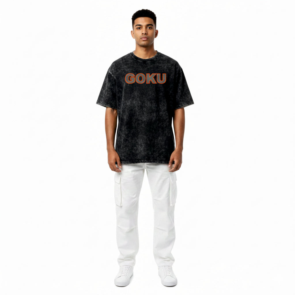 Person wearing a black t-shirt with 'GOKU' printed on it against a white background