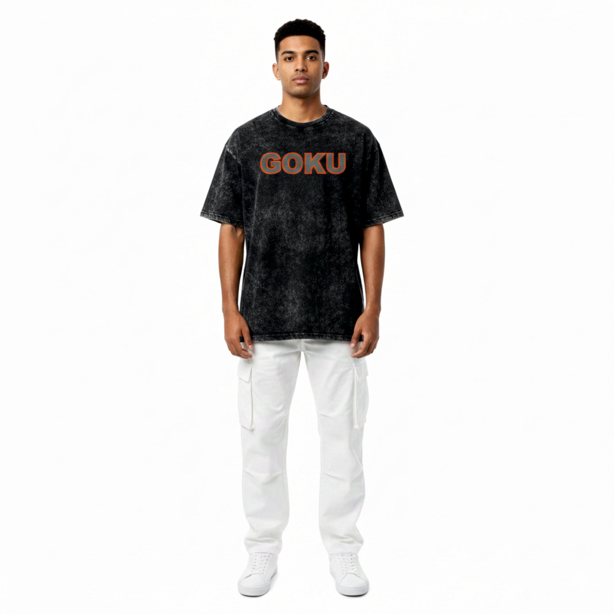 Person wearing a black t-shirt with 'GOKU' printed on it against a white background