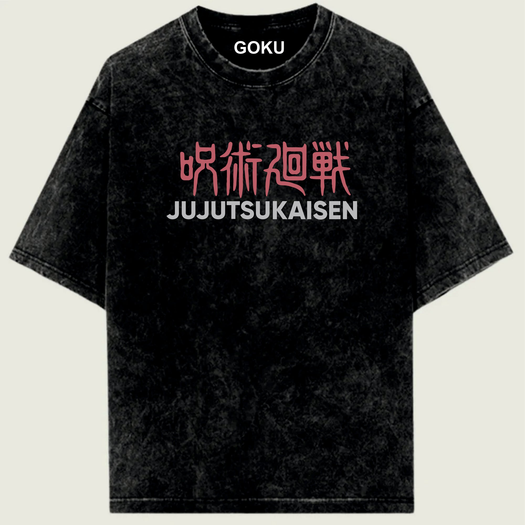 Black t-shirt with pink and white text