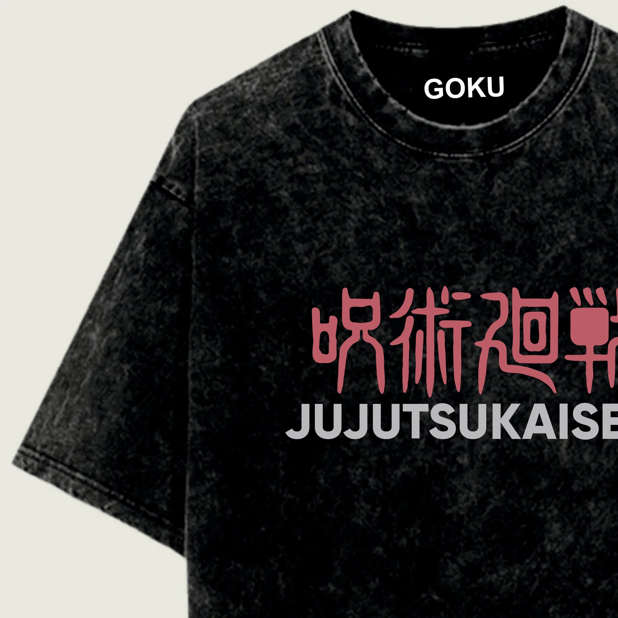 Black t-shirt with pink and white text