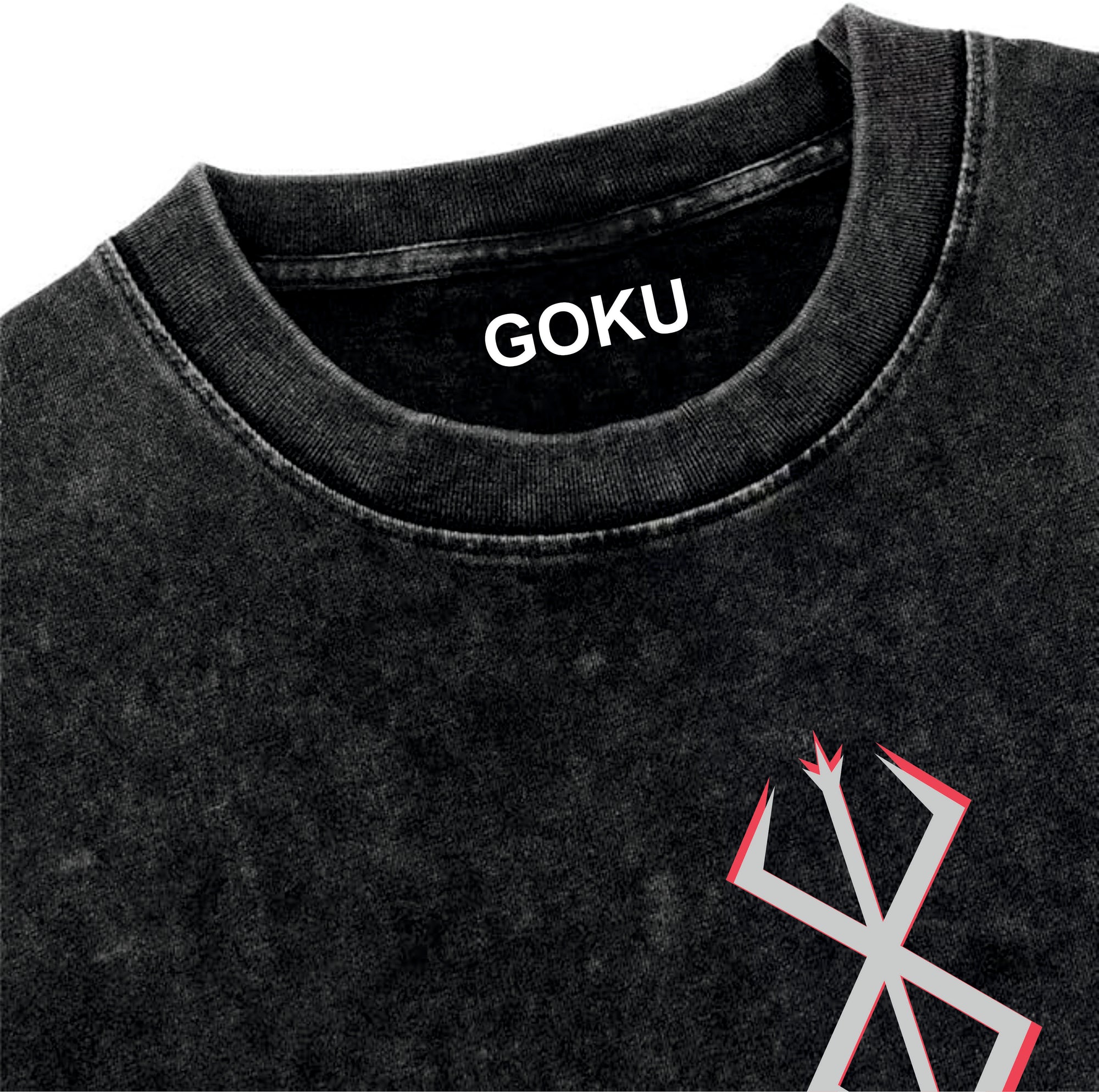 Black t-shirt with 'GOKU' printed on the collar and a symbol on the sleeve.